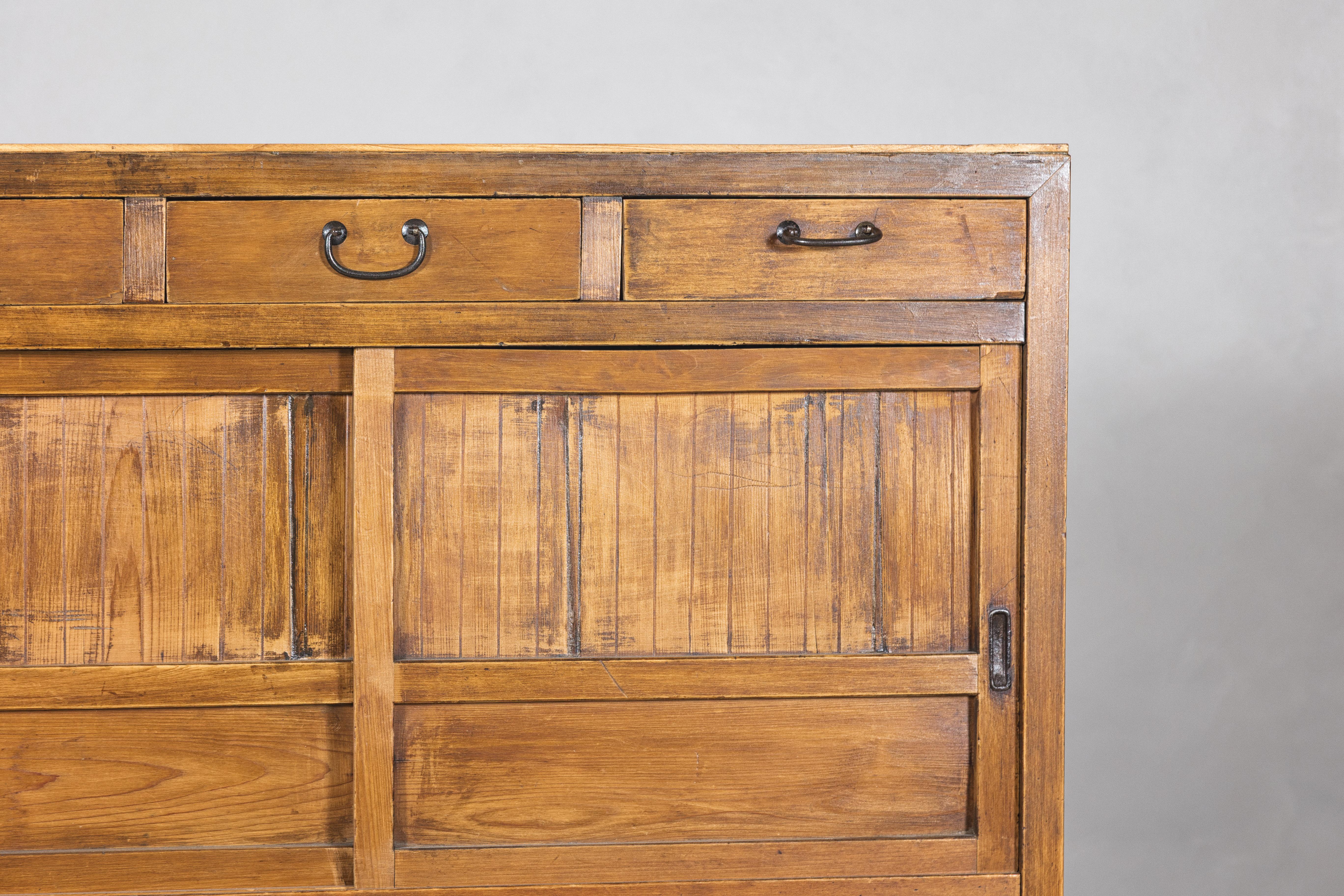 Taishō Period Japanese Mizuya Tansu Kitchen Chest in Sugi Wood with Sliding Door For Sale 1