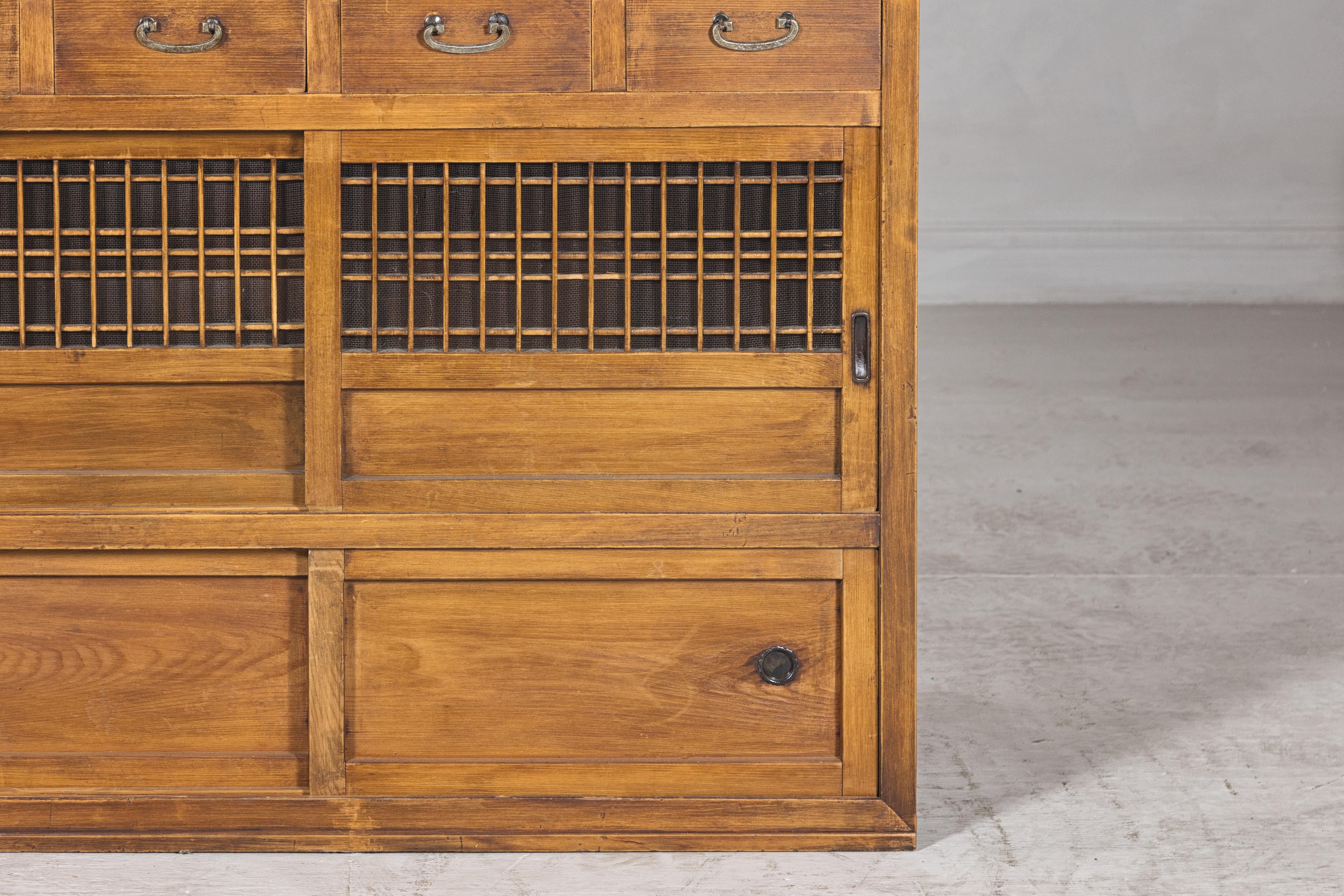 Taishō Period Japanese Mizuya Tansu Kitchen Chest in Sugi Wood with Sliding Door For Sale 4