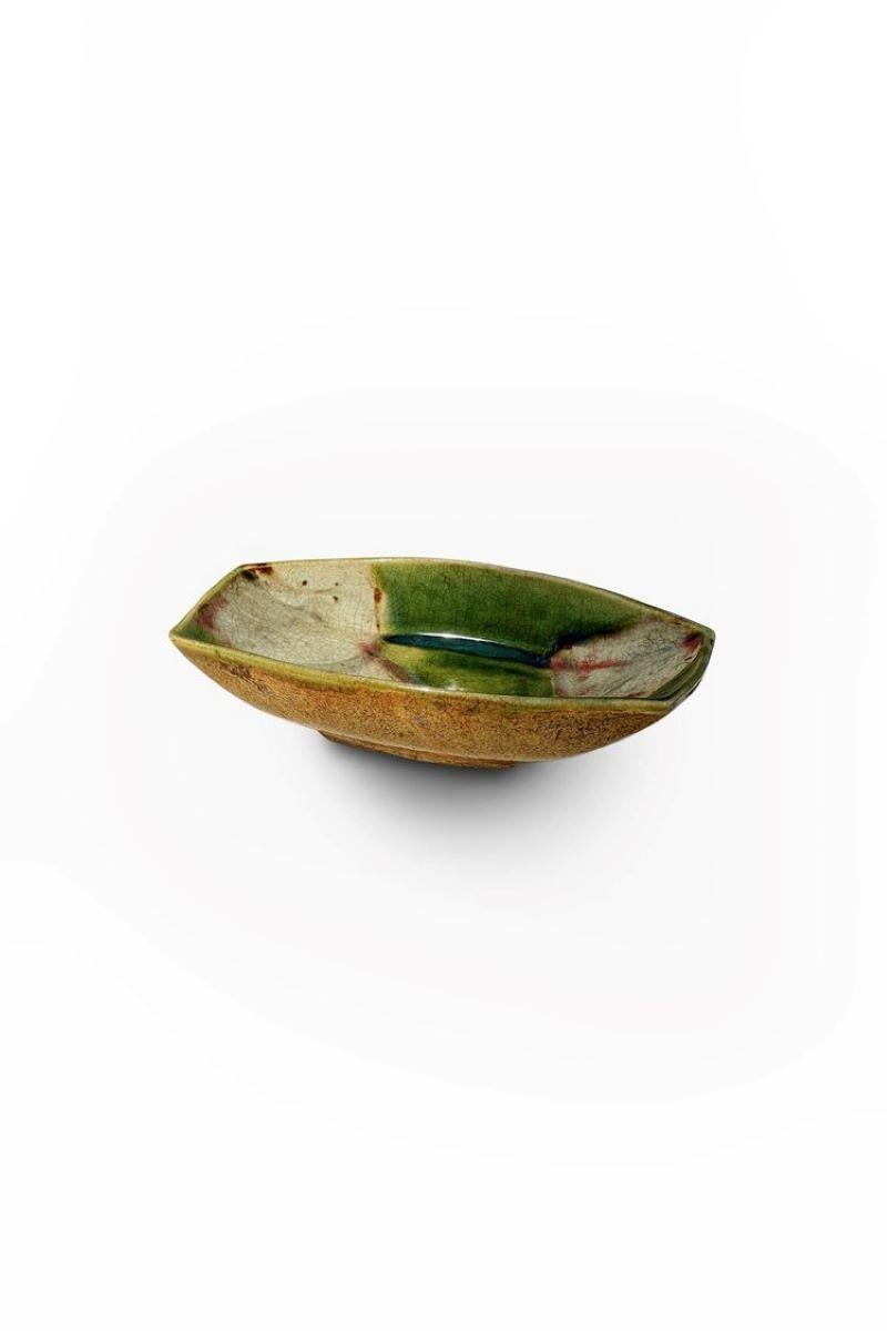 This item is a antique Taisho Period Japanese Oribe Rectangle Tray. It features a vibrant green, antique white, and peach color palette. The green glaze, typical of Oribe (Ao-Oribe) ware, dominates the surface, complemented by the antique white and