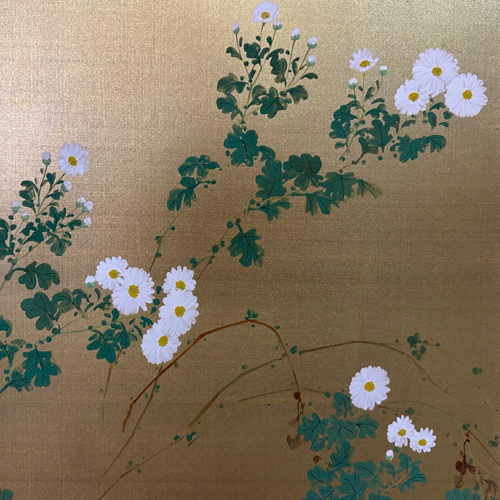Gilt Taisho Period Minimalist Floral Screen For Sale