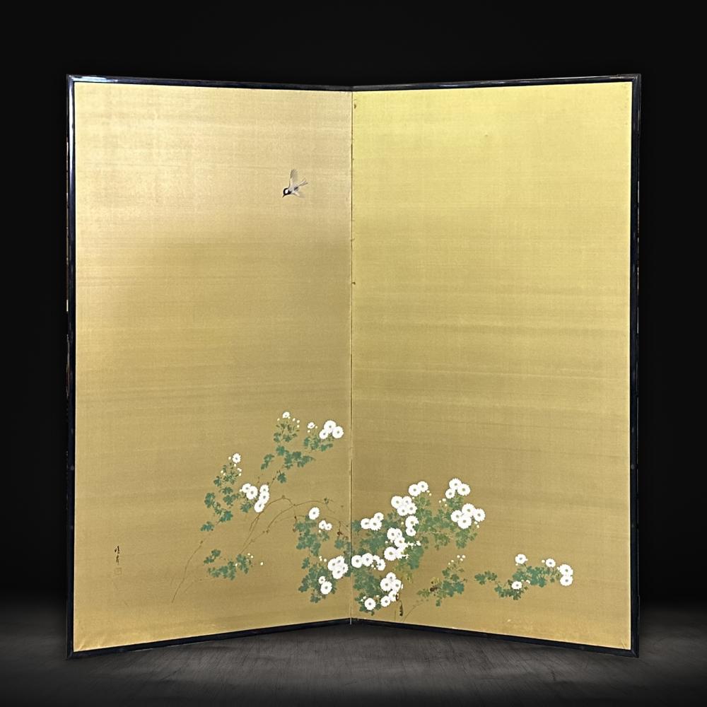 Silk Taisho Period Minimalist Floral Screen For Sale
