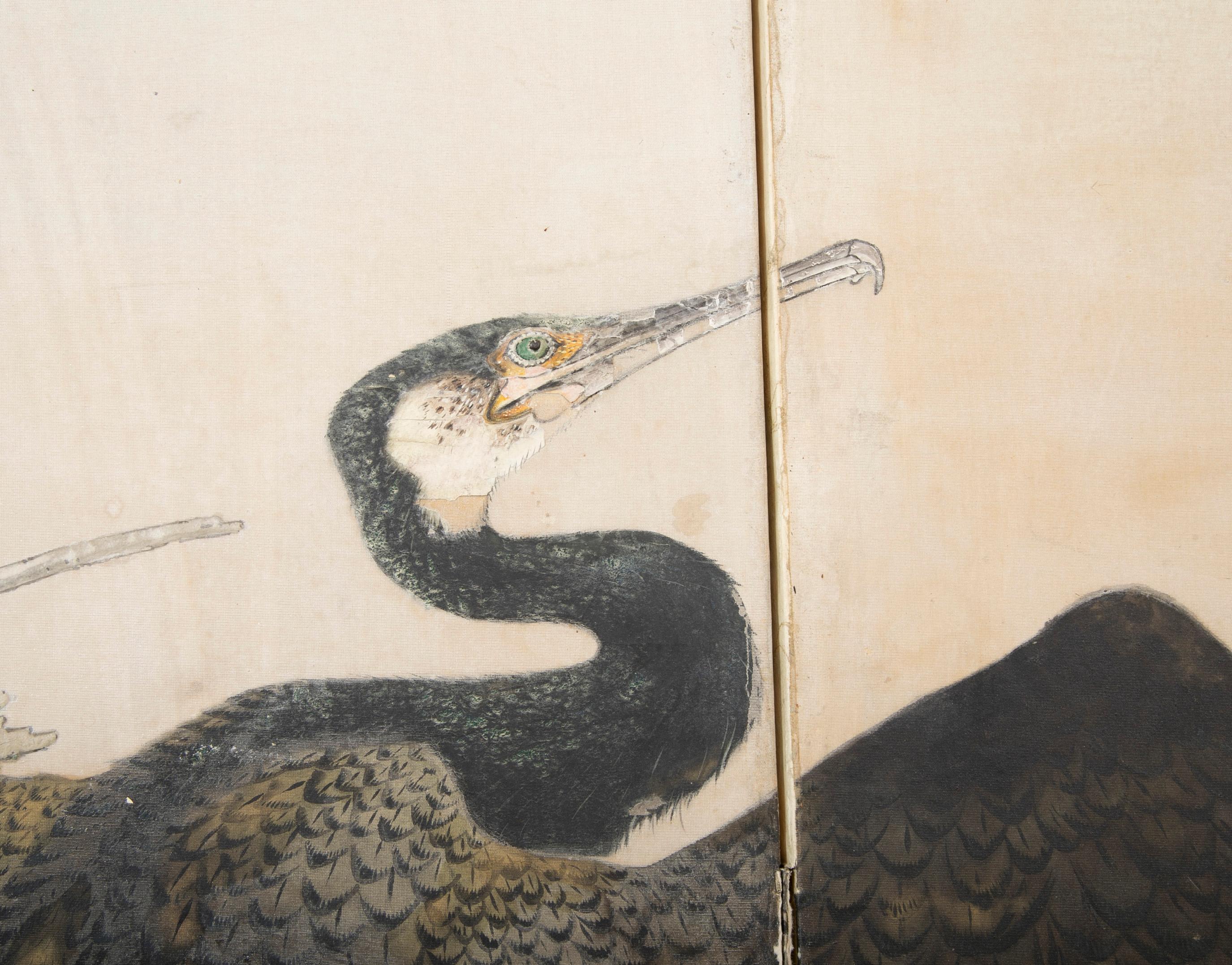 Taisho Period Painted Silk Screen Depicting Nesting Cormorants by Asami Joujou For Sale 5