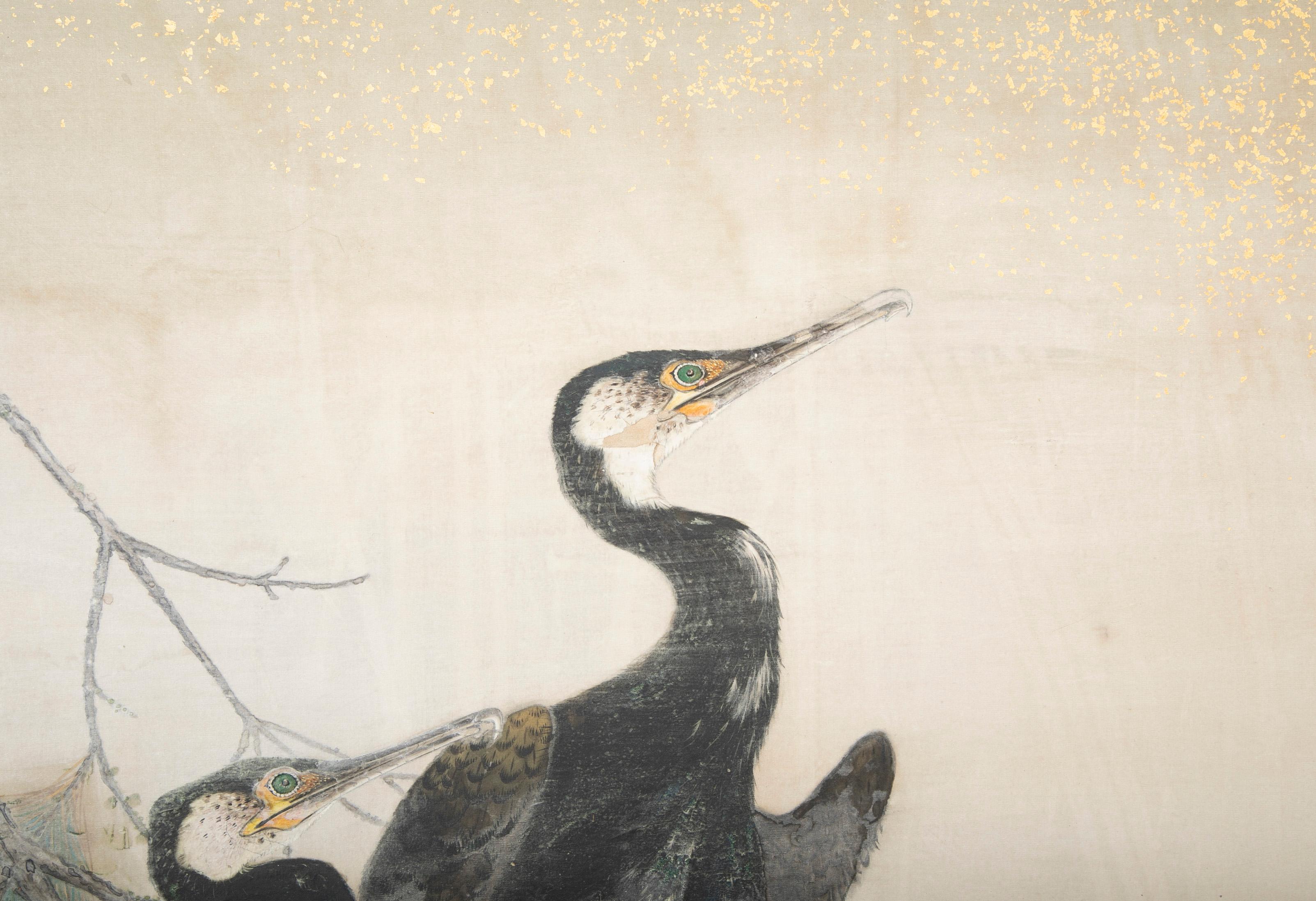 Taisho Period Painted Silk Screen Depicting Nesting Cormorants by Asami Joujou For Sale 6