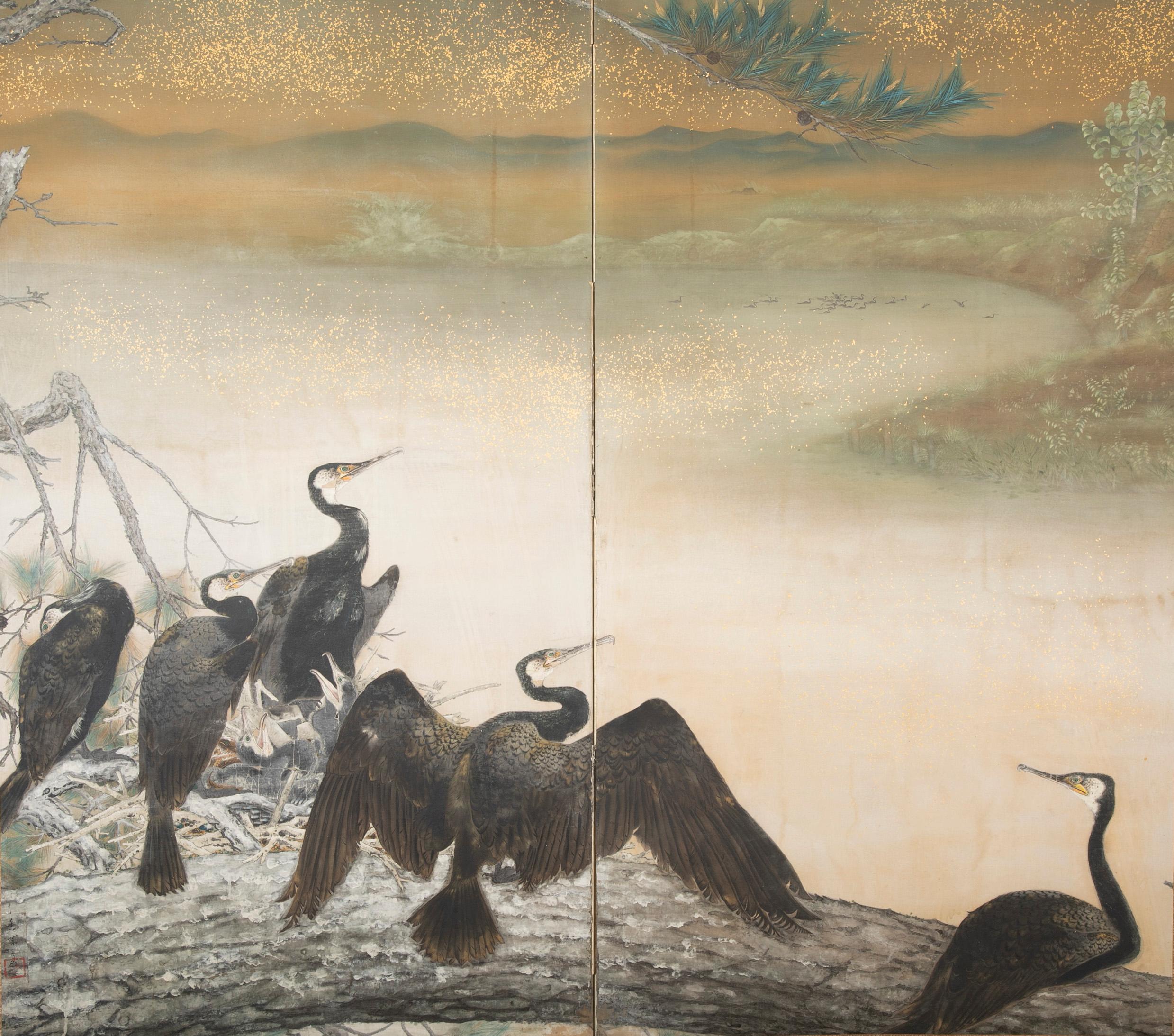 An exquisite Taisho period screen depicting nesting cormorants painted on raw silk with gold fleck by Japanese artist Asami Joujou (b. 1890 in Himeiji, Japan-d. 1974), circa 1912-1926.