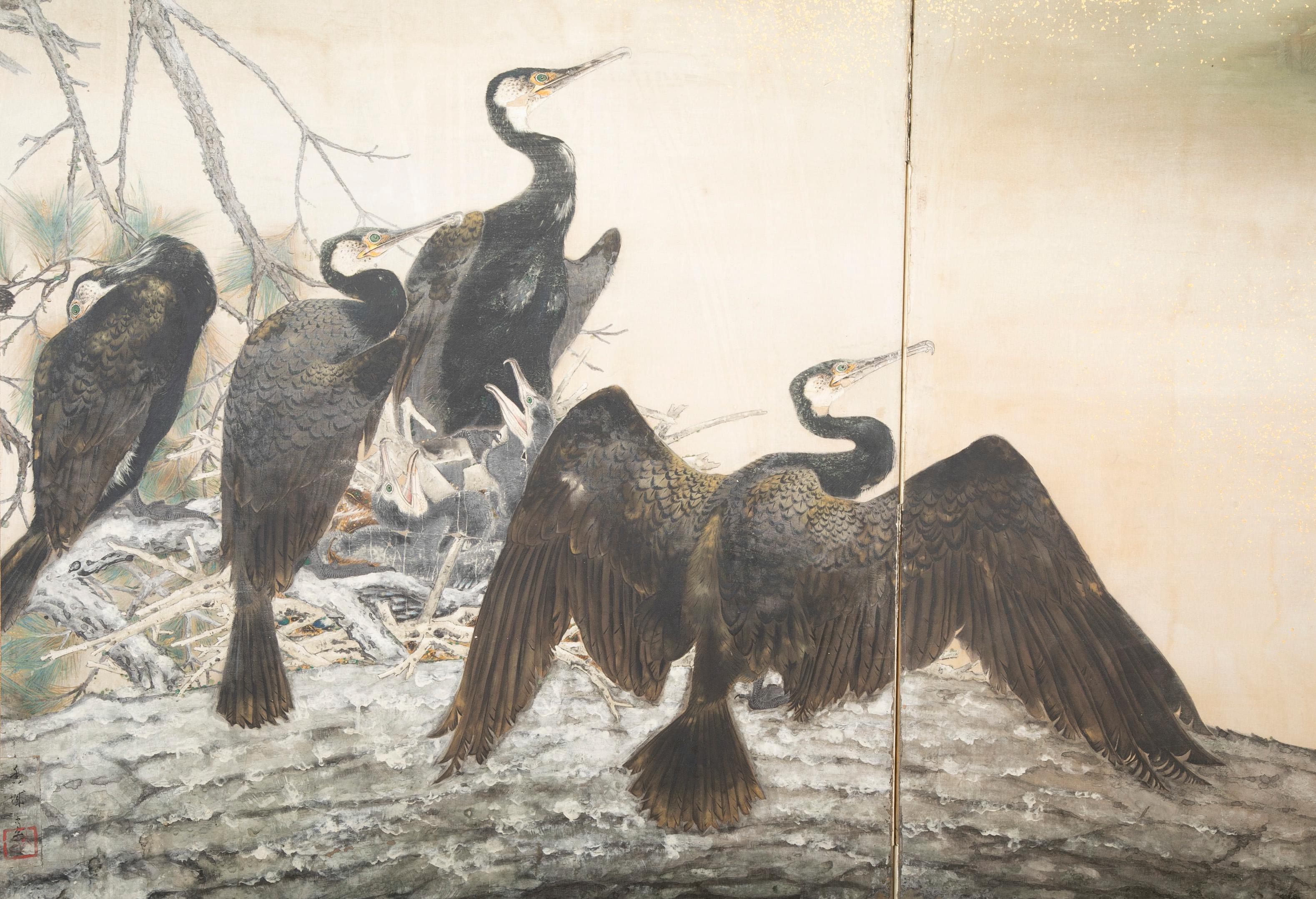 Japanese Taisho Period Painted Silk Screen Depicting Nesting Cormorants by Asami Joujou For Sale