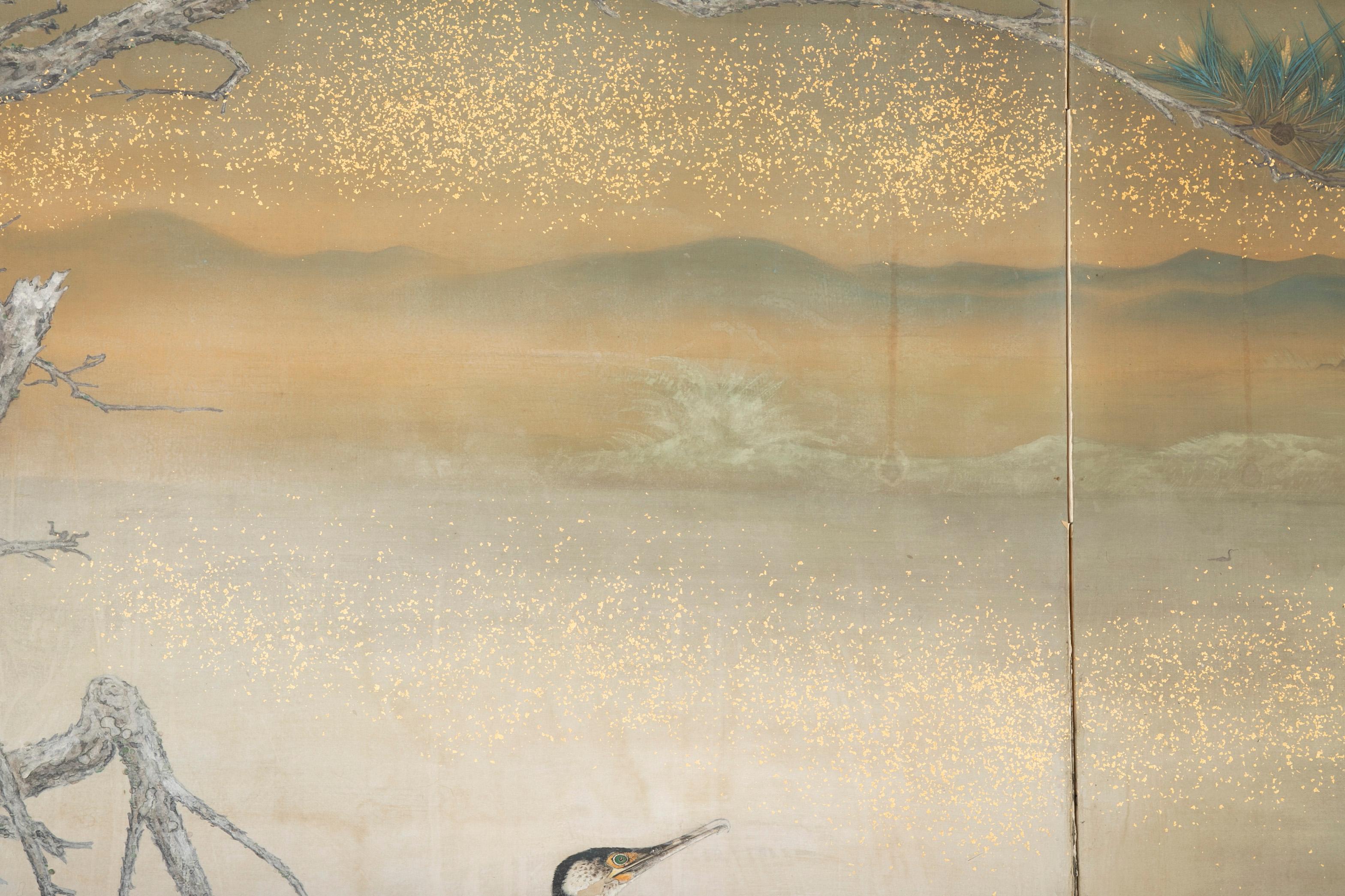 Taisho Period Painted Silk Screen Depicting Nesting Cormorants by Asami Joujou In Good Condition For Sale In Stamford, CT