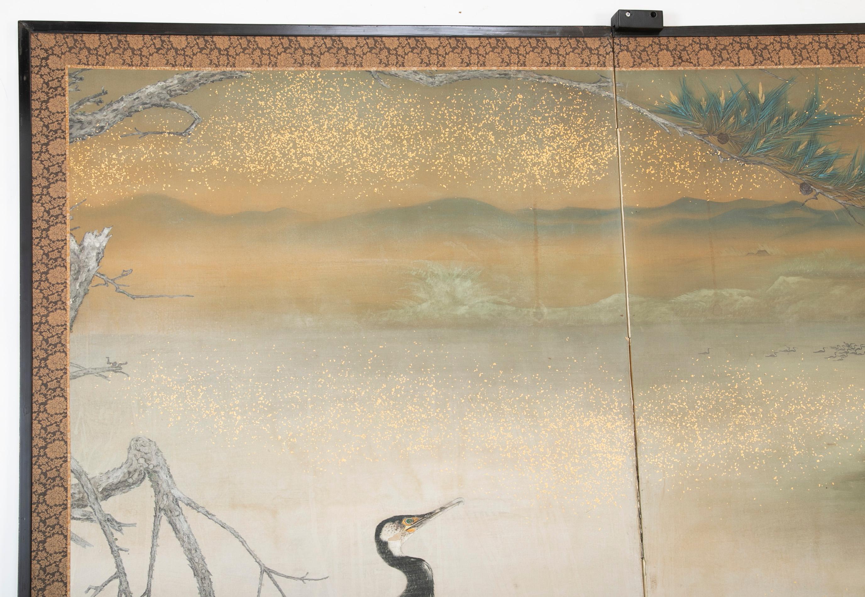 Taisho Period Painted Silk Screen Depicting Nesting Cormorants by Asami Joujou For Sale 2