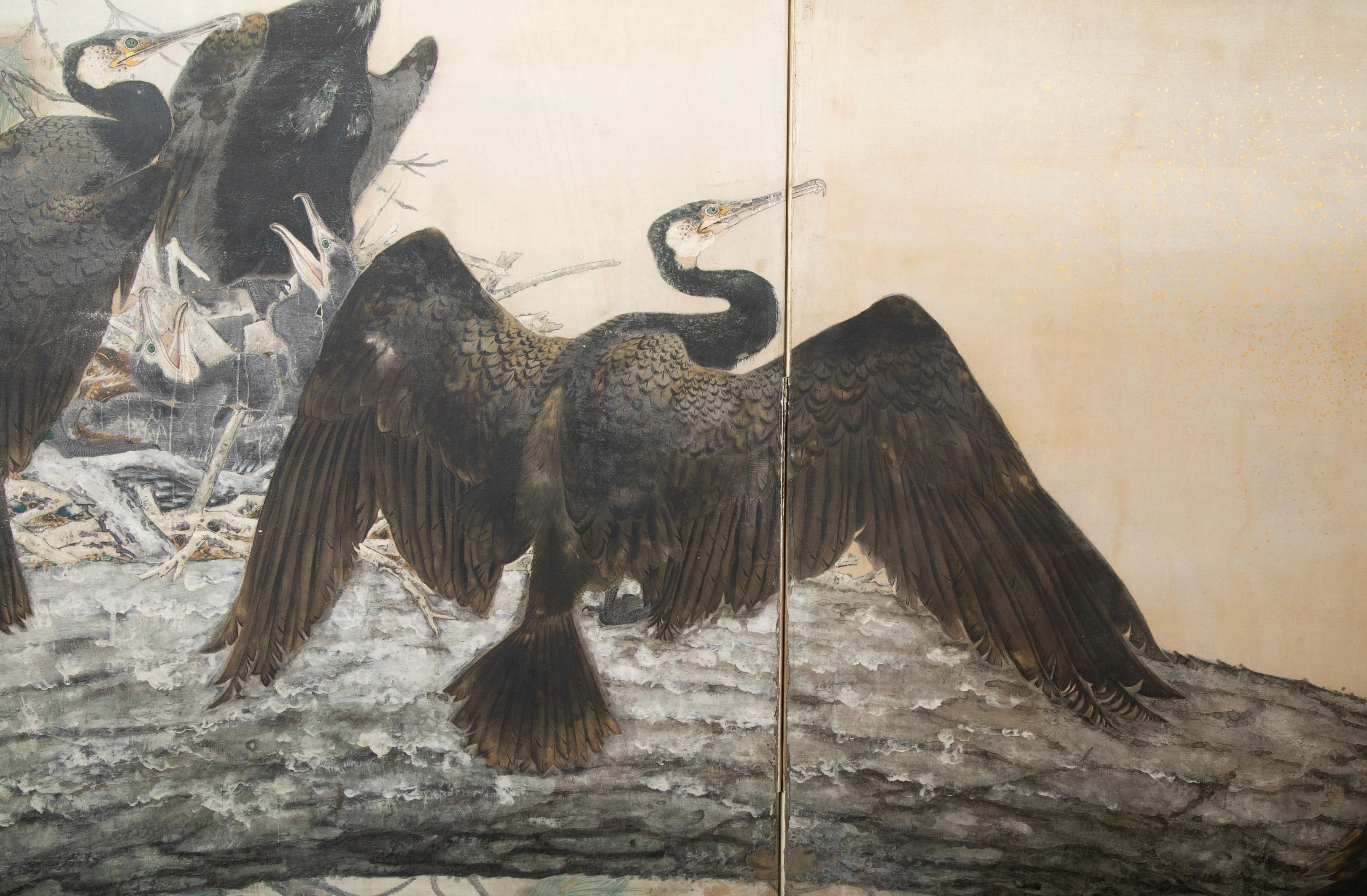 Taisho Period Painted Silk Screen Depicting Nesting Cormorants by Asami Joujou For Sale 3