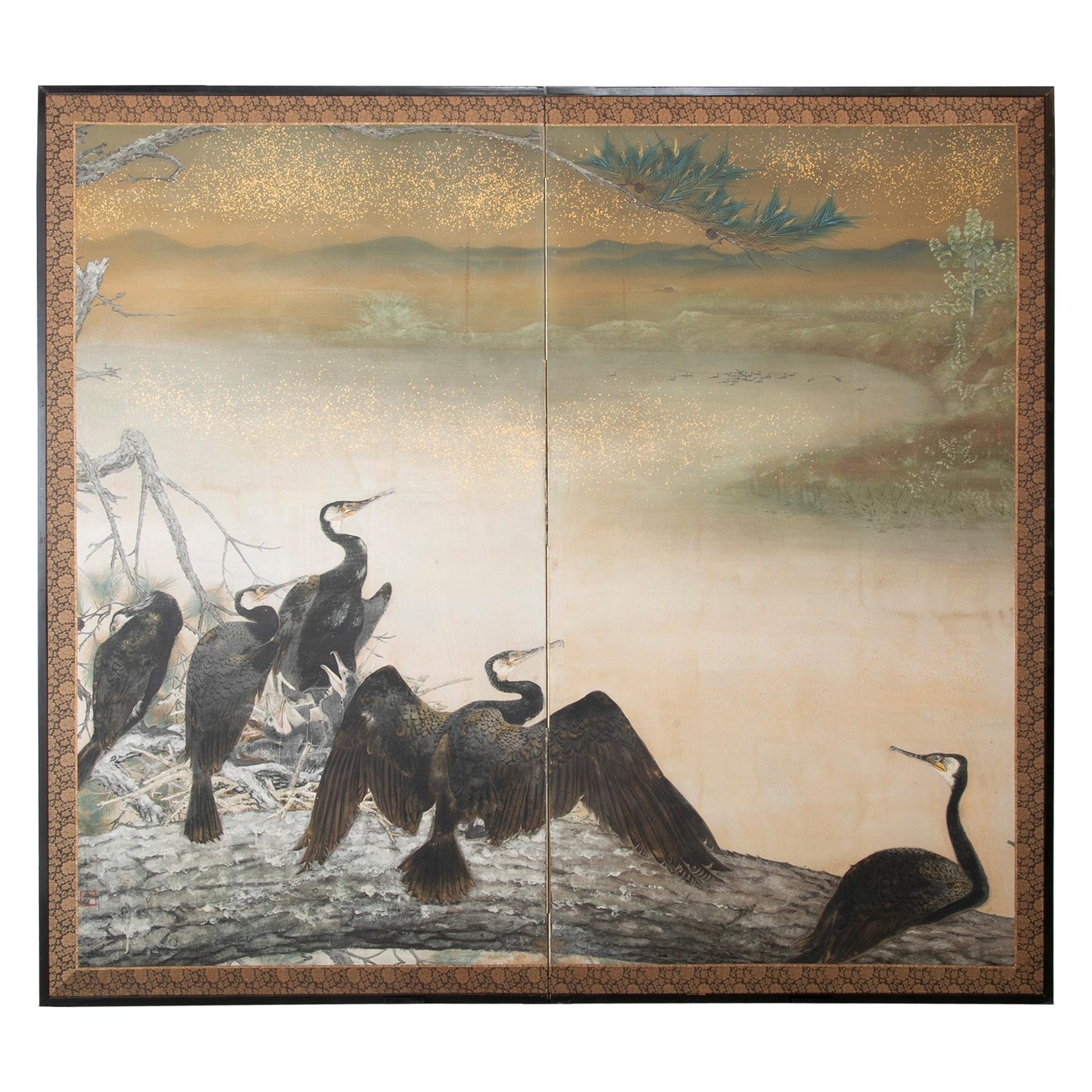 Paravent en soie peint représentant des cormorans gigognes de la période Taisho par Asami Joujou