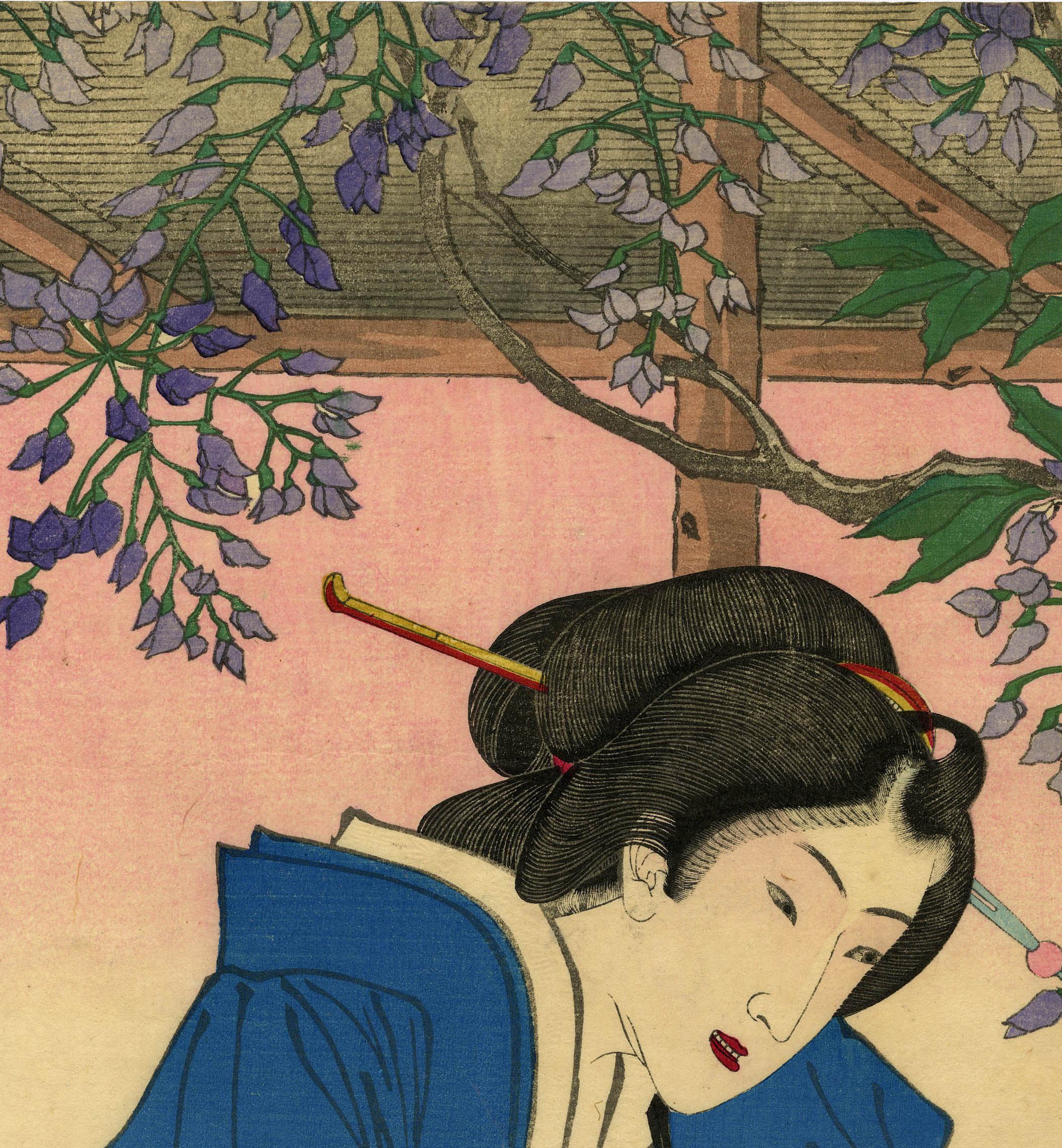 April: Otsuyu of Yanagibashi in Wisteria Arbor at Kameido - Print by Taiso Yoshitoshi