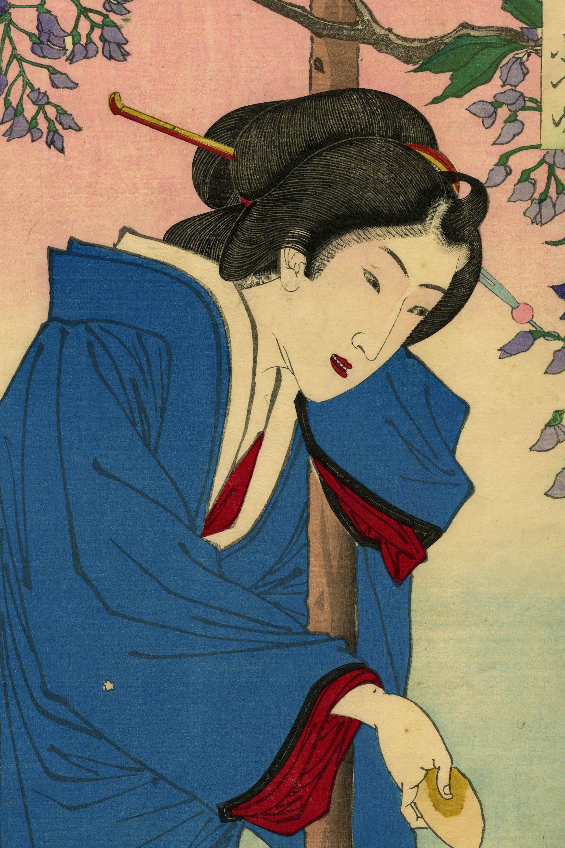 April: Otsuyu of Yanagibashi in Wisteria Arbor at Kameido - Other Art Style Print by Taiso Yoshitoshi
