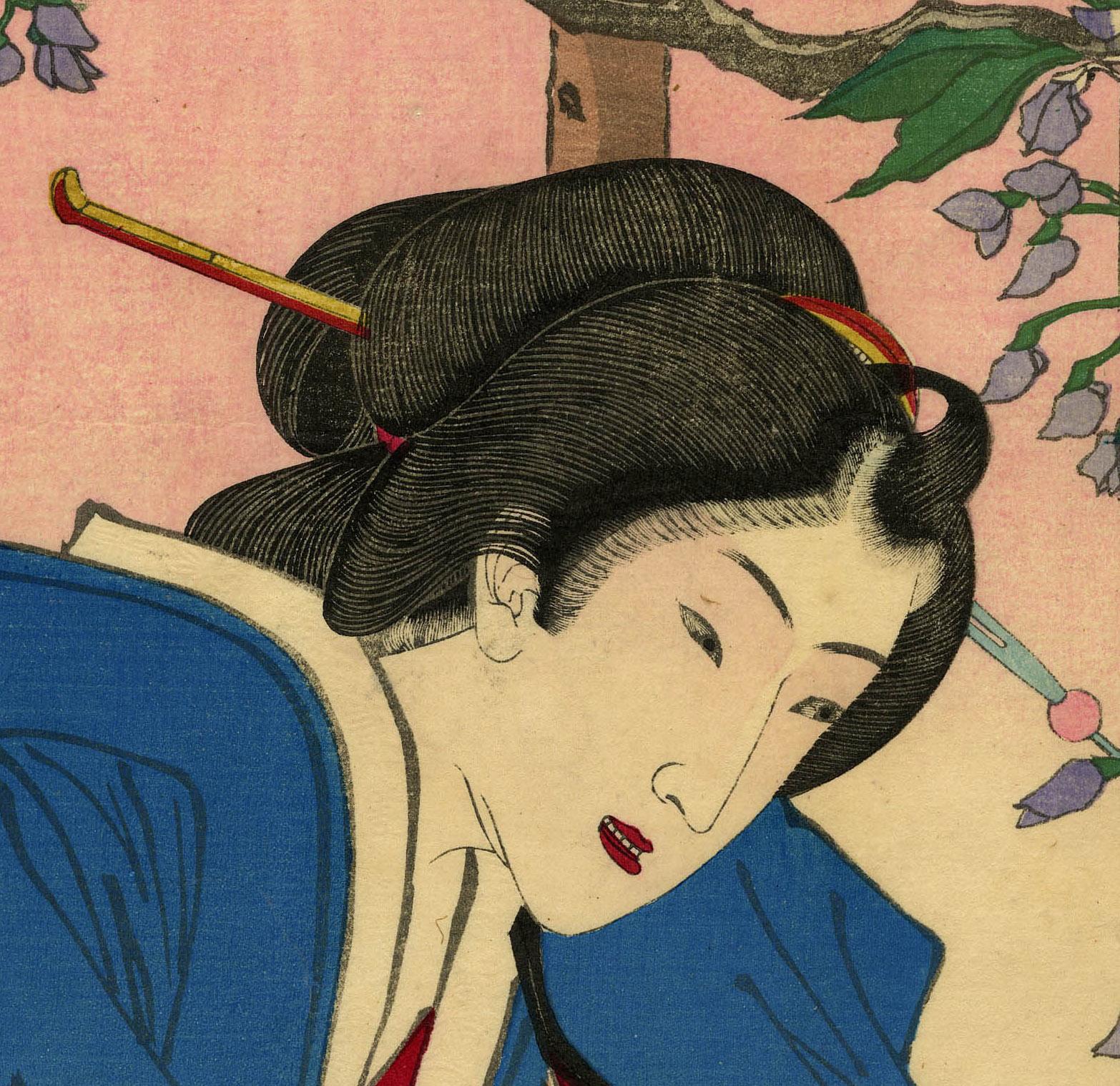 April: Otsuyu of Yanagibashi in Wisteria Arbor at Kameido - Brown Figurative Print by Taiso Yoshitoshi