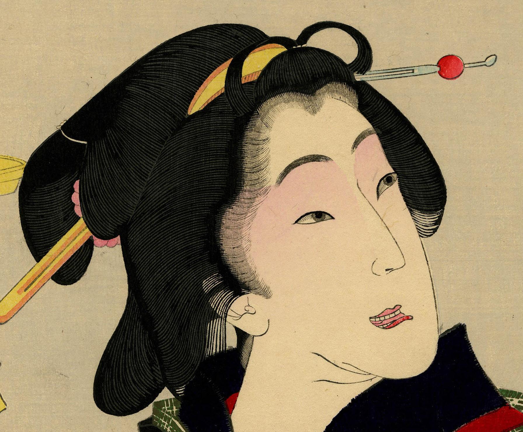 Thirsty: The Appearance of a Town Geisha - a So-Called Wine- Server - in der Anse – Print von Taiso Yoshitoshi