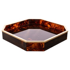 Taitu 1970s Italian Faux Tortoiseshell Lucite and Brass Serving Tray Centerpiece