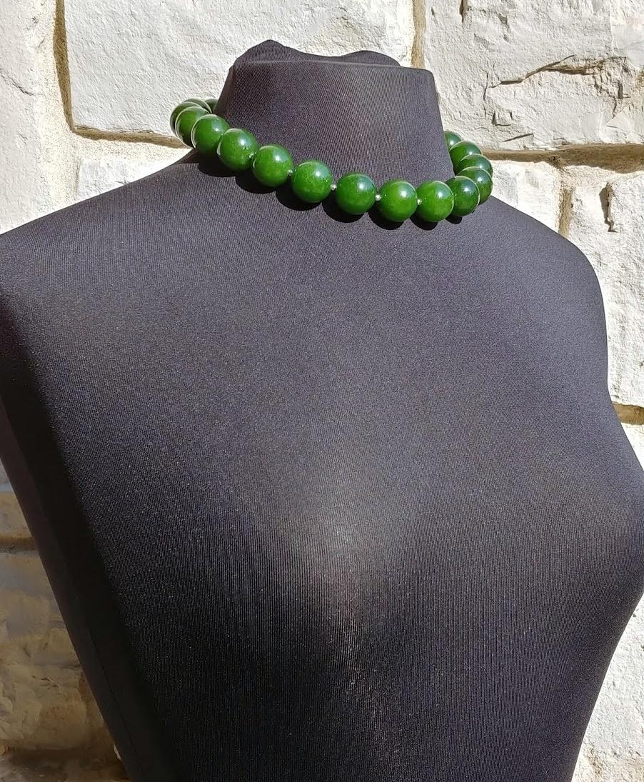 Bead Taiwan Green Jasper Necklace with Rare Vintage Painted Glass Clasp For Sale