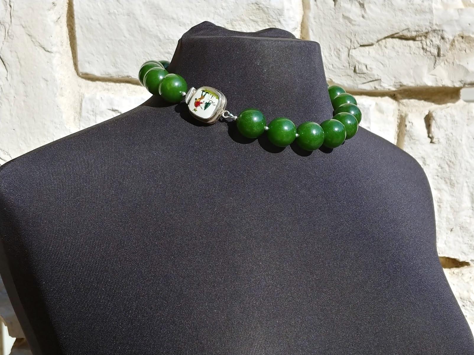 Women's Taiwan Green Jasper Necklace with Rare Vintage Painted Glass Clasp For Sale