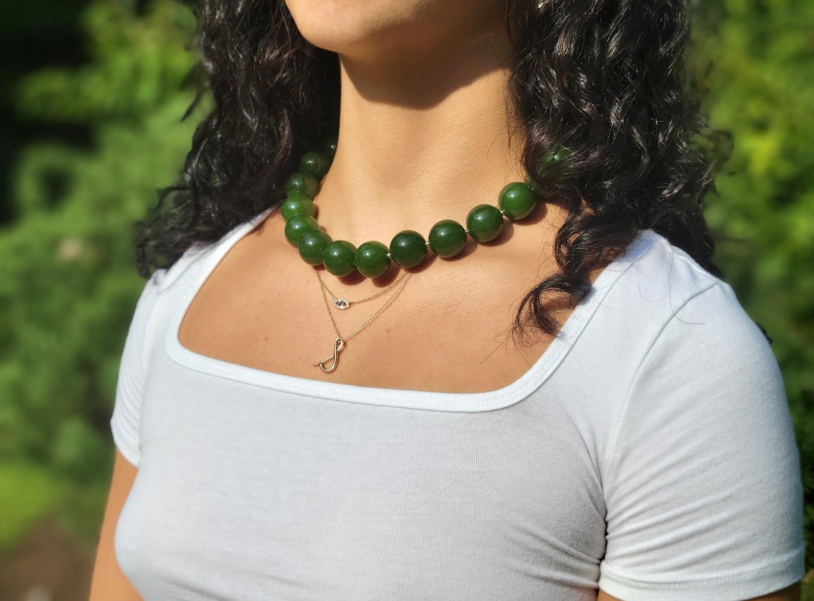 Bead Taiwan Green Jasper Necklace with Rare Vintage Painted Glass Clasp For Sale