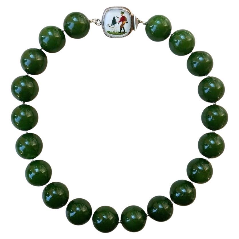 Taiwan Green Jasper Necklace with Rare Vintage Painted Glass Clasp For Sale