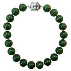 Taiwan Green Jasper Necklace with Rare Vintage Painted Glass Clasp