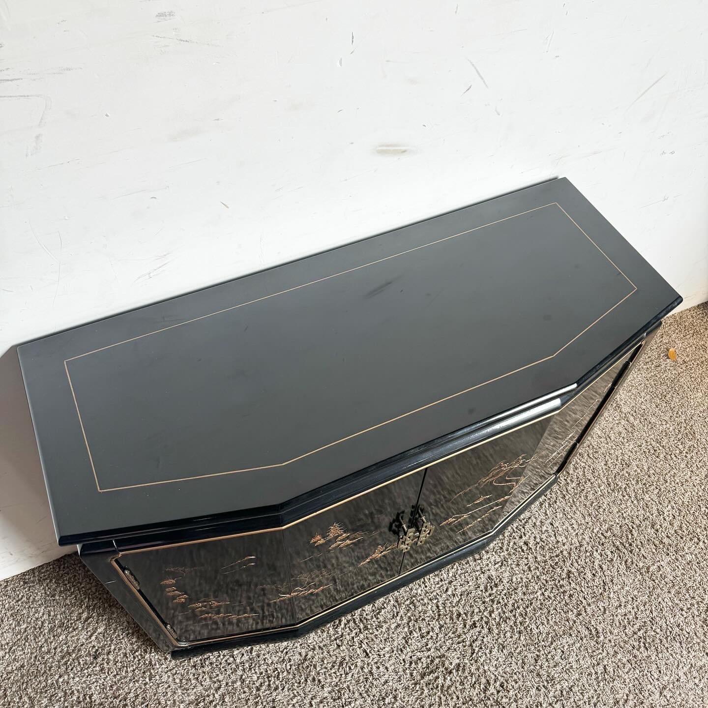 Taiwanese Black Lacquered and Gold Hand Painted Credenza/Sideboard In Good Condition For Sale In Delray Beach, FL