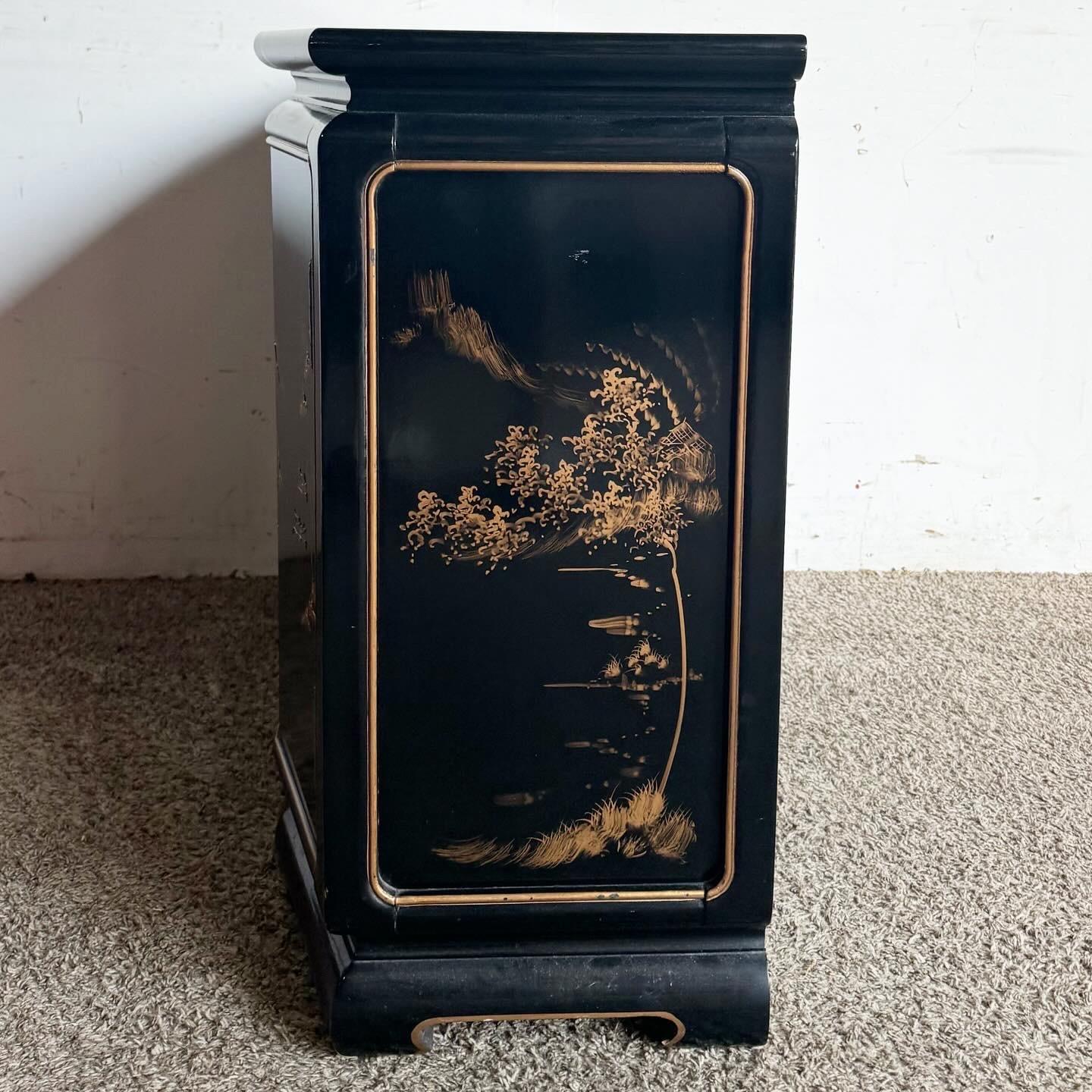 Late 20th Century Taiwanese Black Lacquered and Gold Hand Painted Credenza/Sideboard For Sale