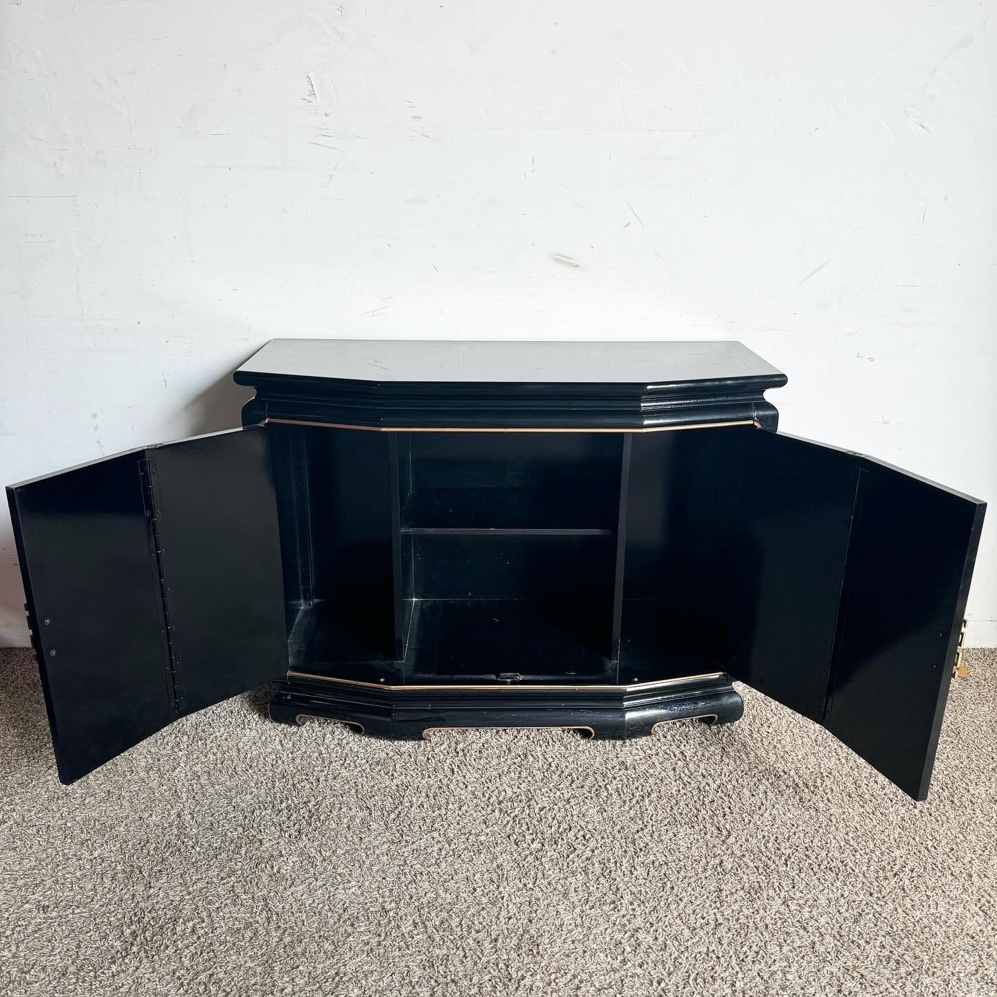 Brass Taiwanese Black Lacquered and Gold Hand Painted Credenza/Sideboard For Sale