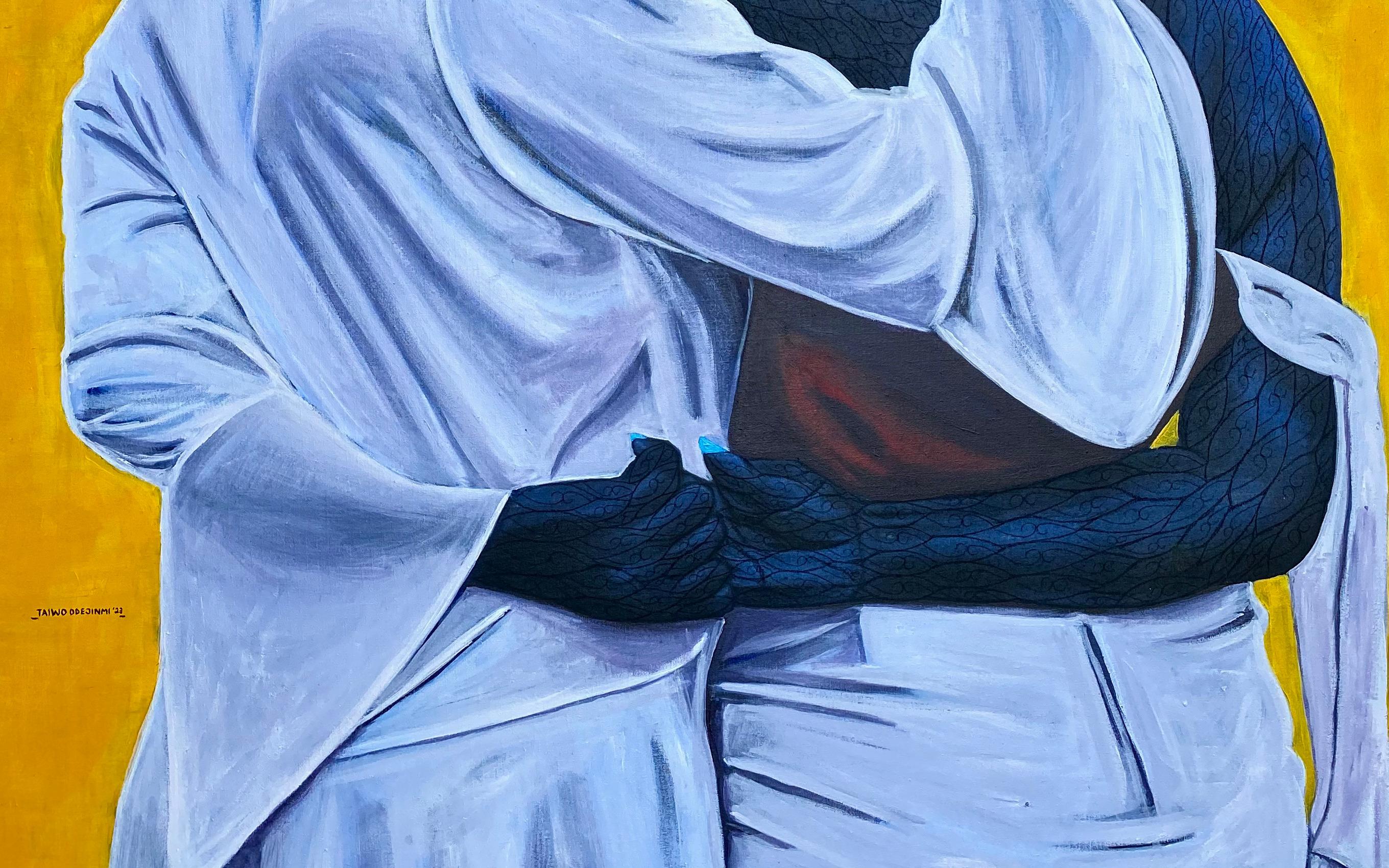 La sobriété (L'amour que nous partageons) - Beige Portrait Painting par Taiwo Odejinmi