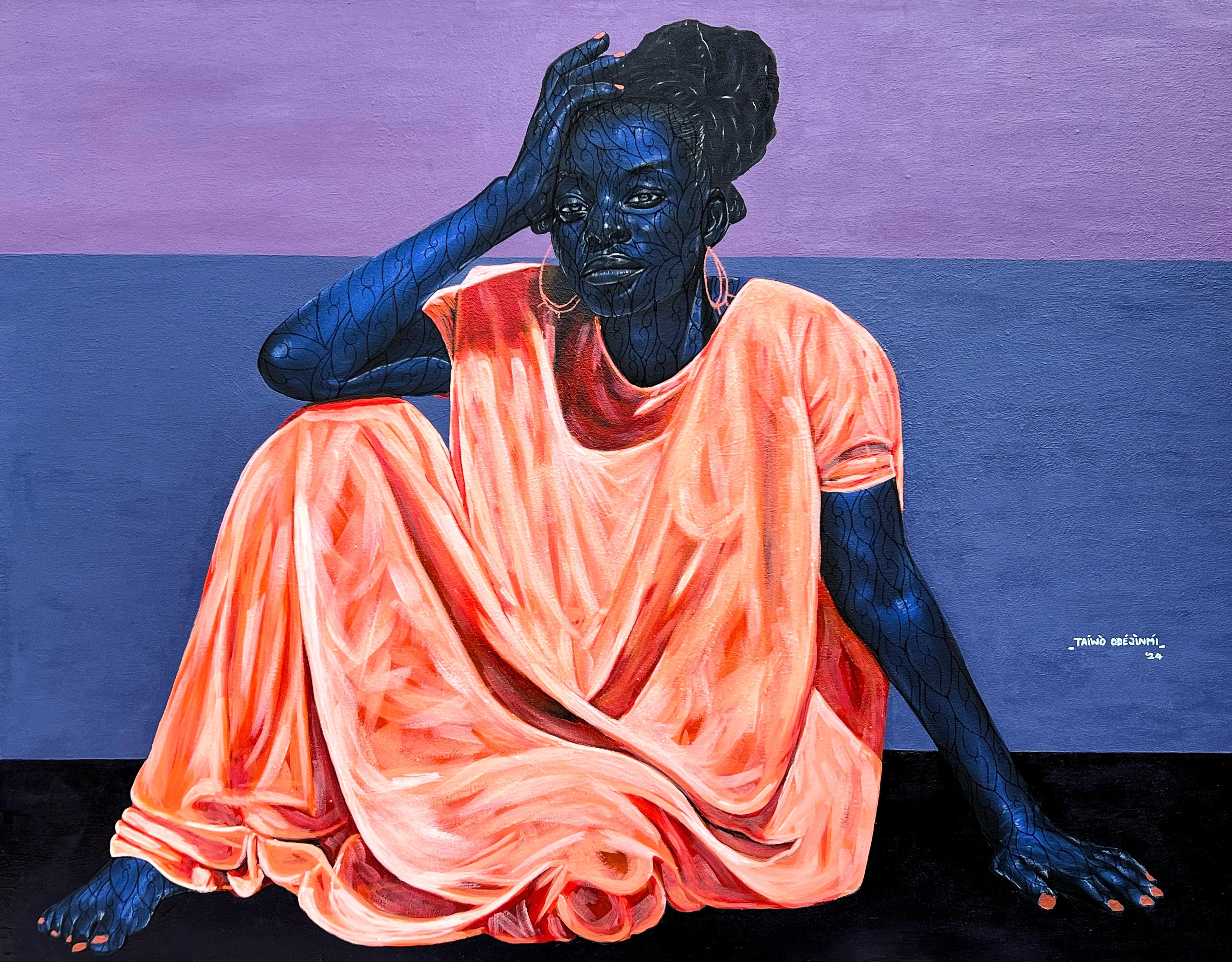 Portrait Painting di Taiwo Odejinmi - La signora con il vestito arancione (All I have is Me) - 21° secolo, Contemporaneo, Donne