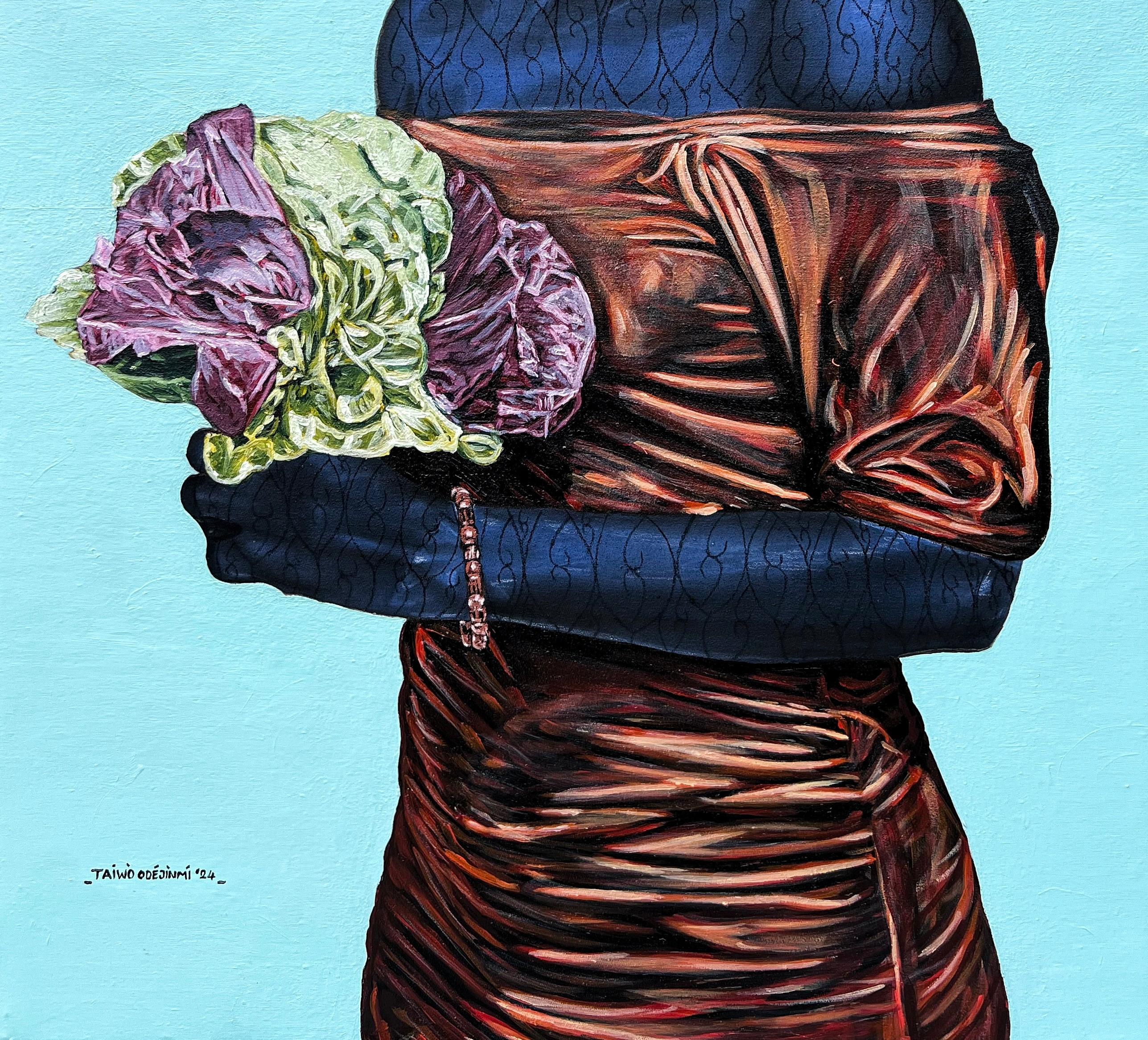 Love and Flowers -21st Century, Contemporary, Figurative Portrait, Africa, Women - Blue Portrait Painting by Taiwo Odejinmi