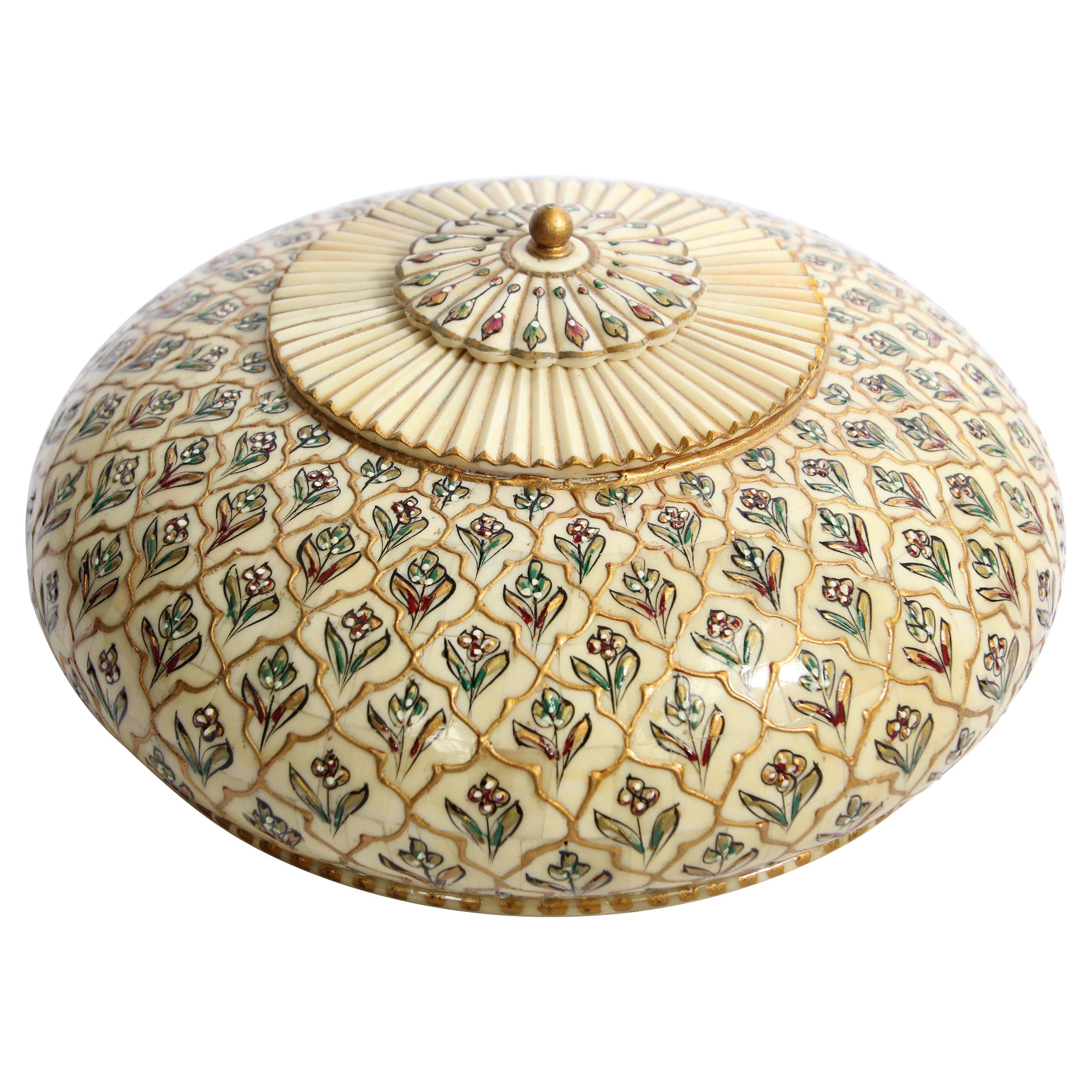 Collectible Opium Container Mughal Art Round Lidded Box