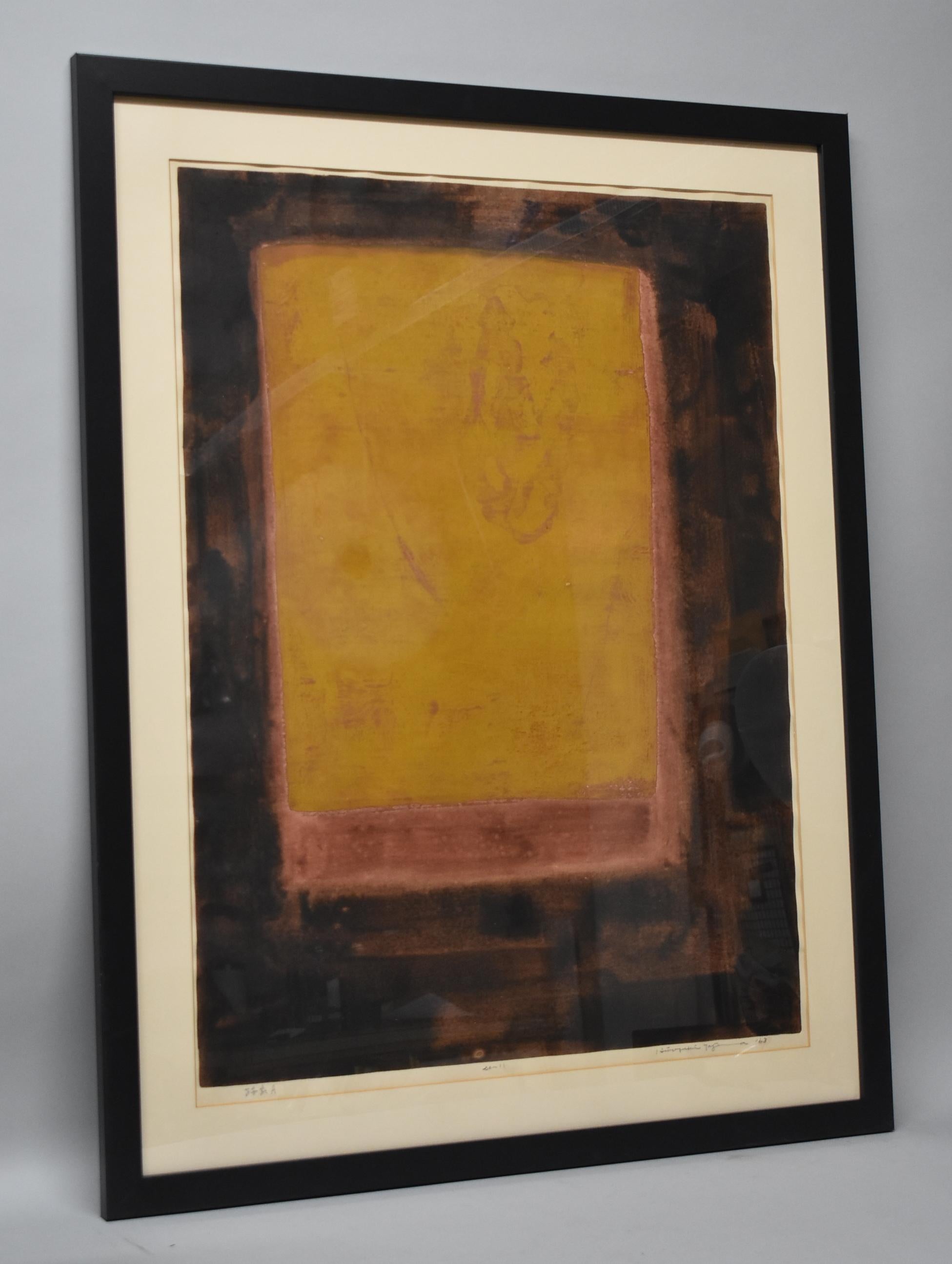 Tajma Hiroyuki (1911-1984) wood block ink and color print on paper from the Showa period in 1963. Signed and dated in pencil in the lower left. One little crease on the edge of the upper left side as shown in the photo. Overall size 30