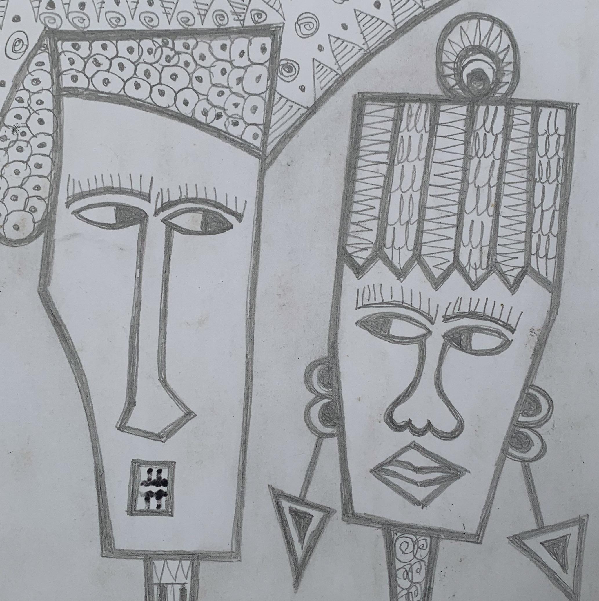 Royal Couple (aus der Rückseite gefertigt) (Grau), Portrait Painting, von Taju Tijani Mayakiri