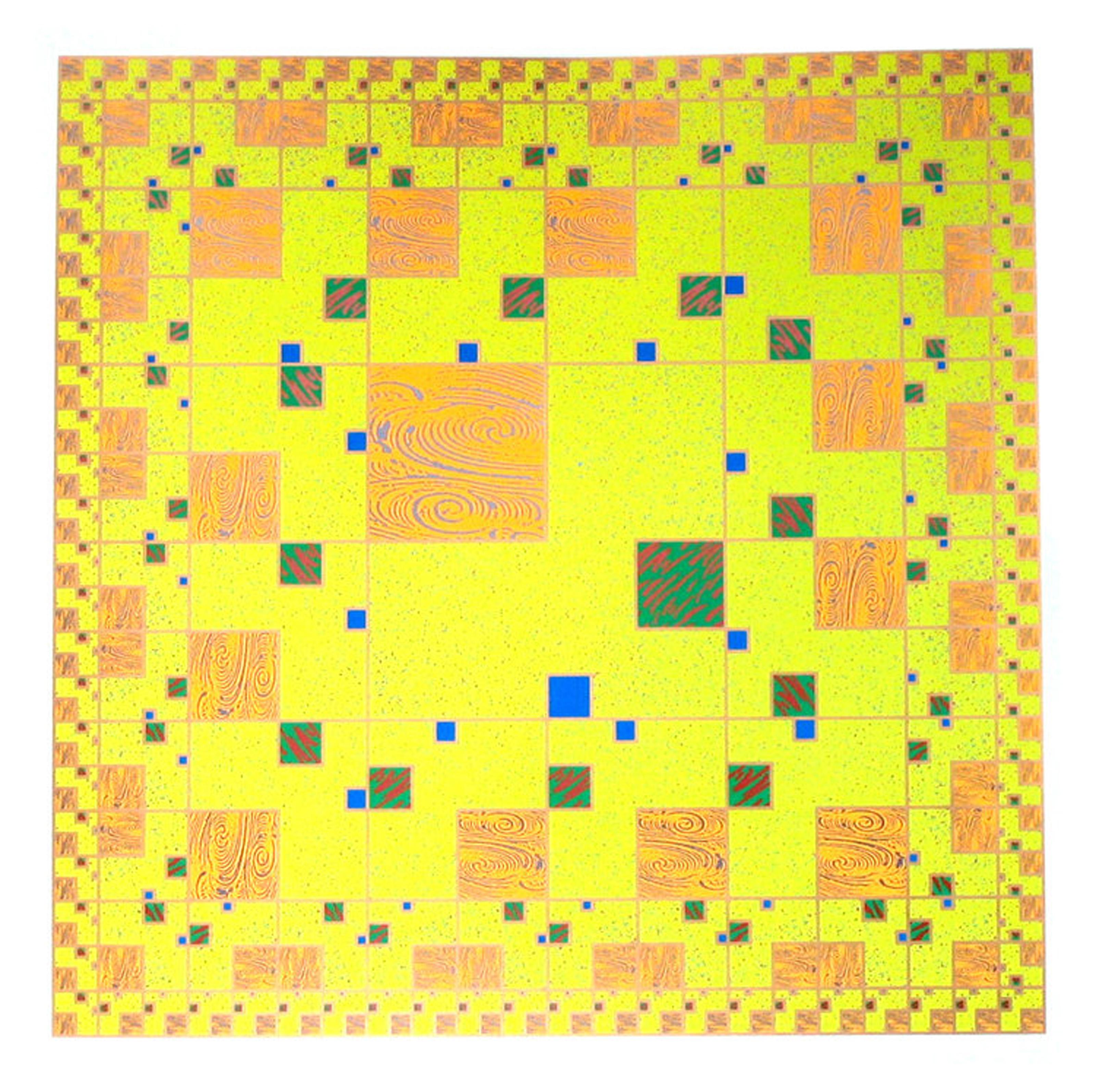 A bright yellow geometric abstract print by Japanese artist Takaaki Matsumoto. 

Yellow
Takaaki Matsumoto, Japanese (1954)
Date: 1991
Screenprint
Edition of 89
Size: 24 x 24 in. (60.96 x 60.96 cm)