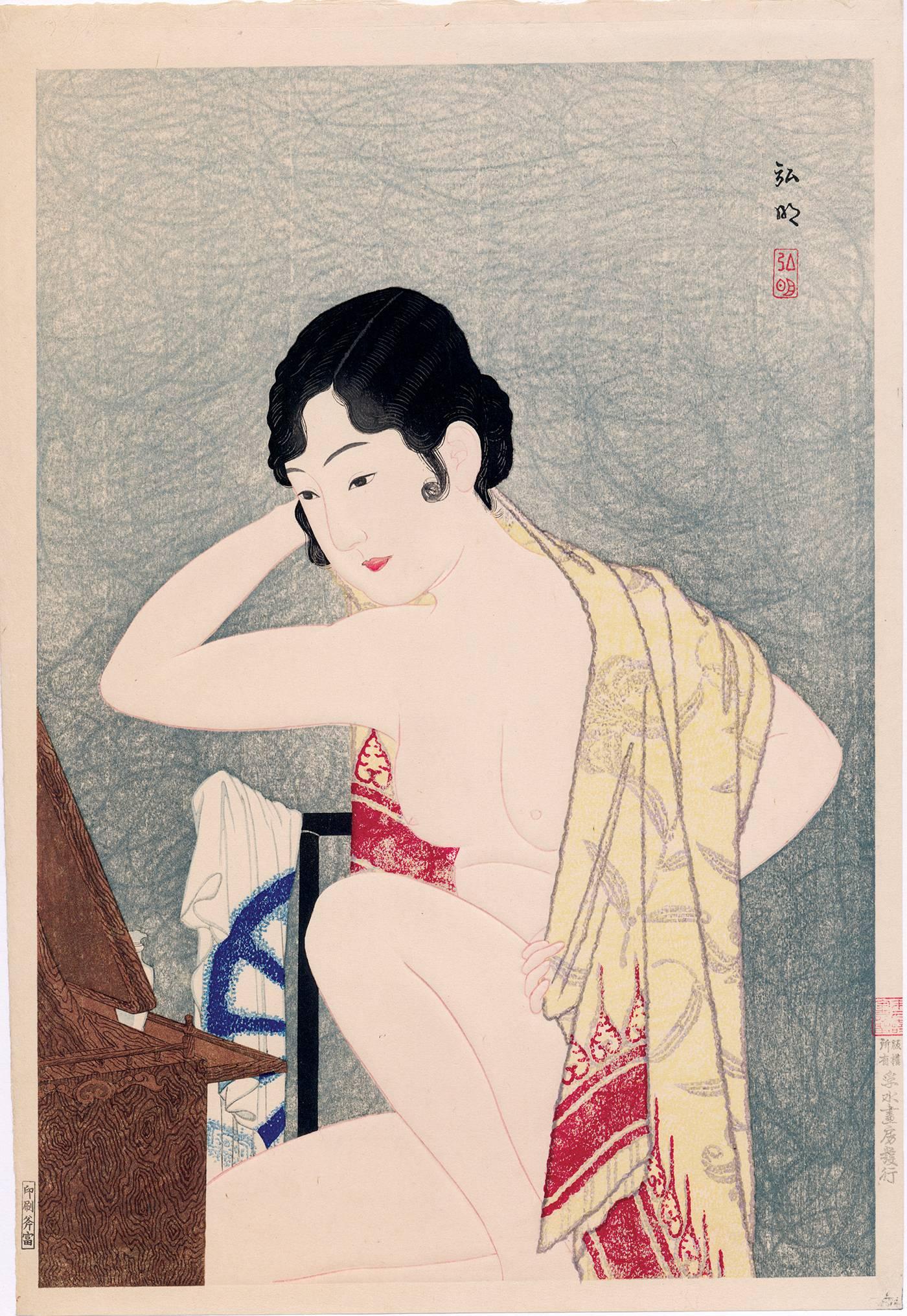 Takahashi Hiroaki (Shotei). Nude Print - Nude Before the Mirror
