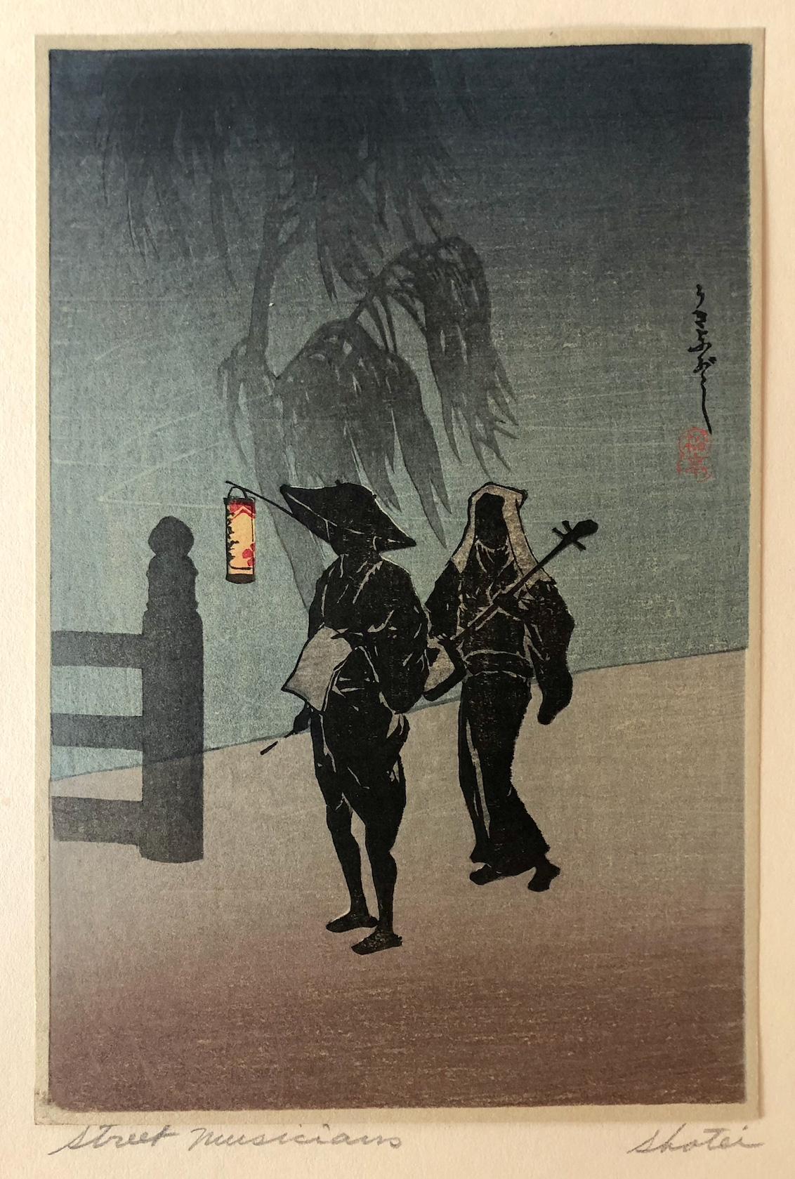Figurative Print Takahashi Hiroaki (Shotei). - Chanteurs de rue (Ukiyobushi), joueur et chanteur de shamisen