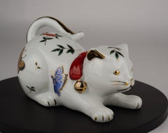 Takahashi Porcelain Playing Cat Figurine Hand-decorated with Butterflies