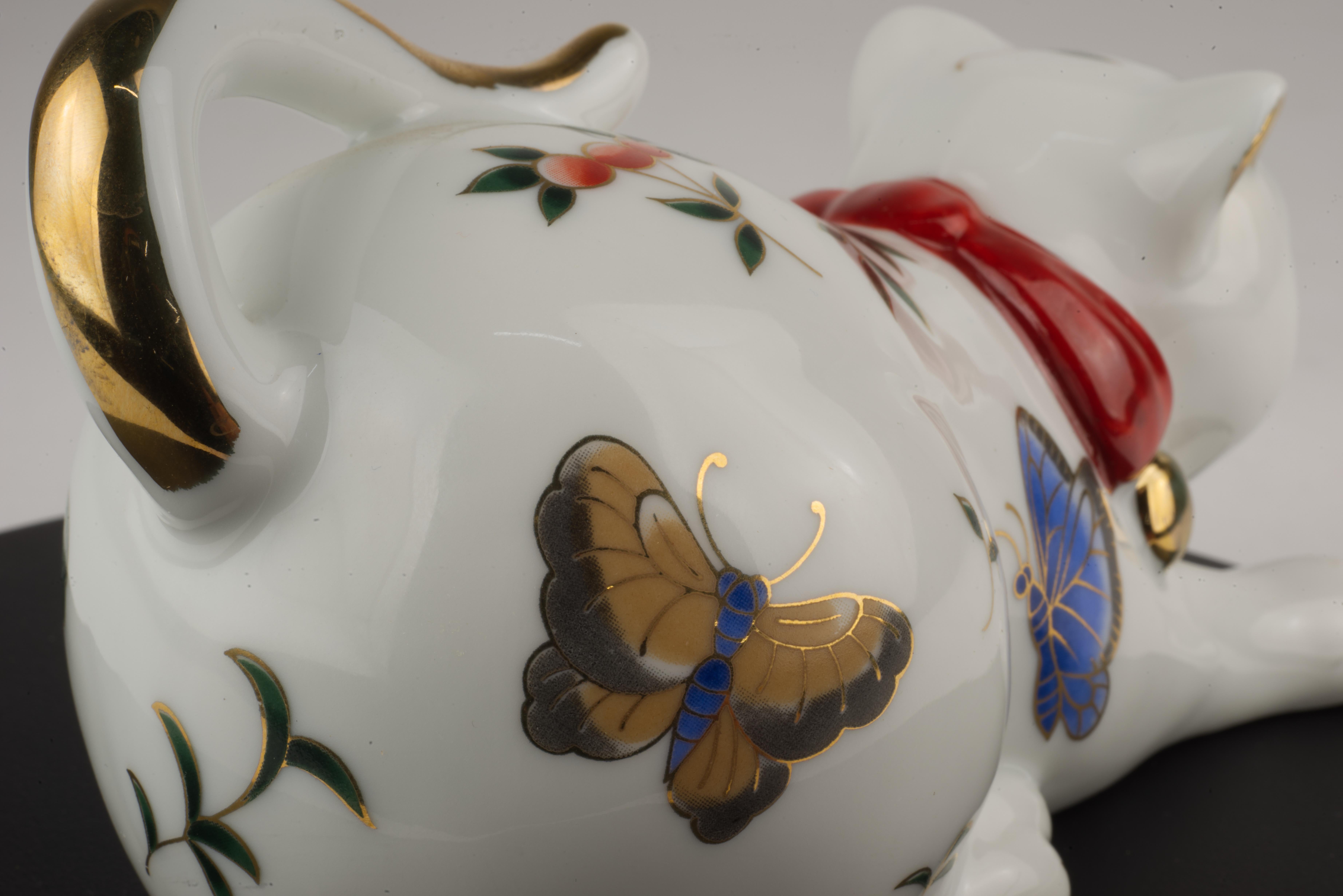 20th Century Takahashi Porcelain Playing Cat Figurine Hand-decorated with Butterflies