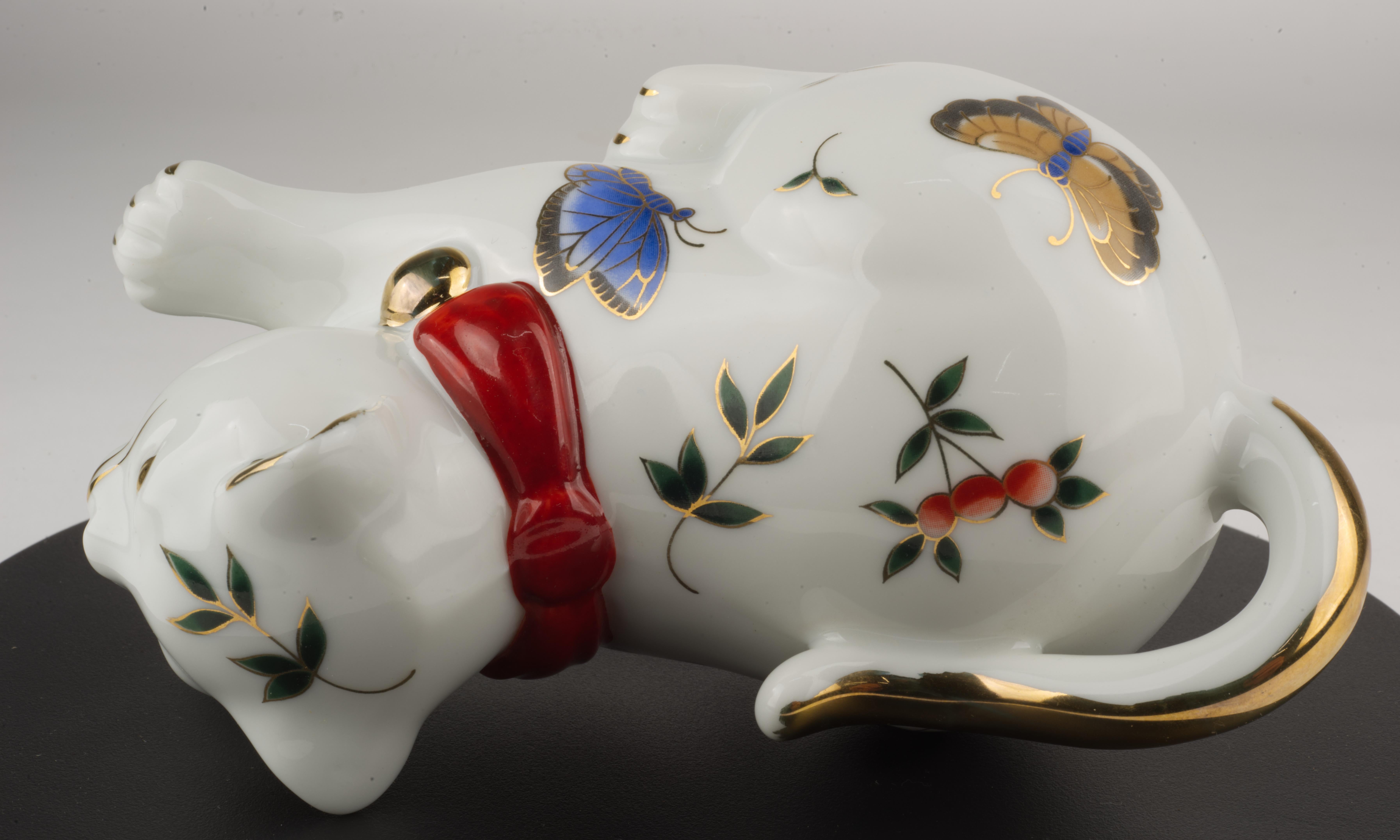Takahashi Porcelain Playing Cat Figurine Hand-decorated with Butterflies 1