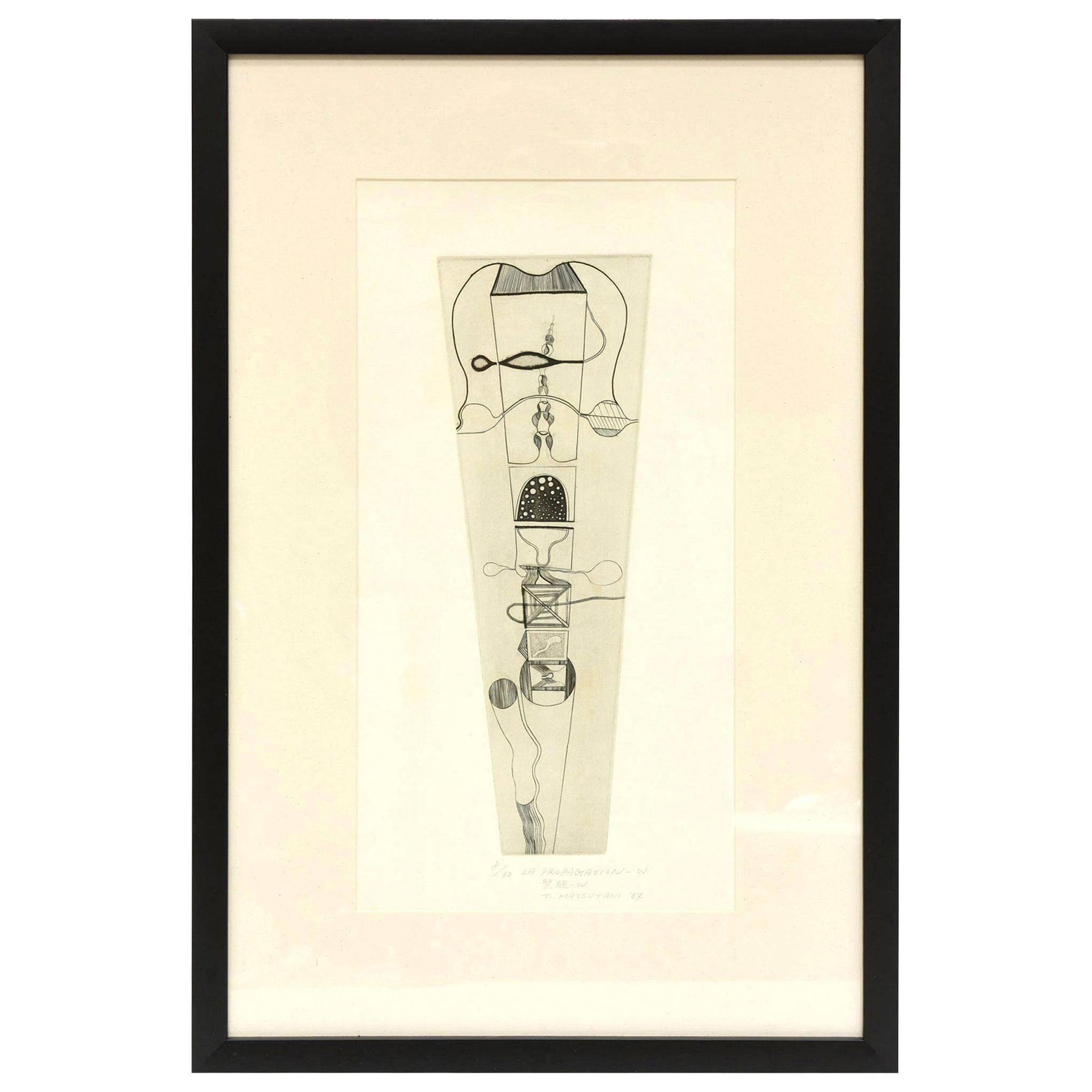 Takashi Matsutani Vintage Japanese Etching Titled "La Propagation" Framed For Sale