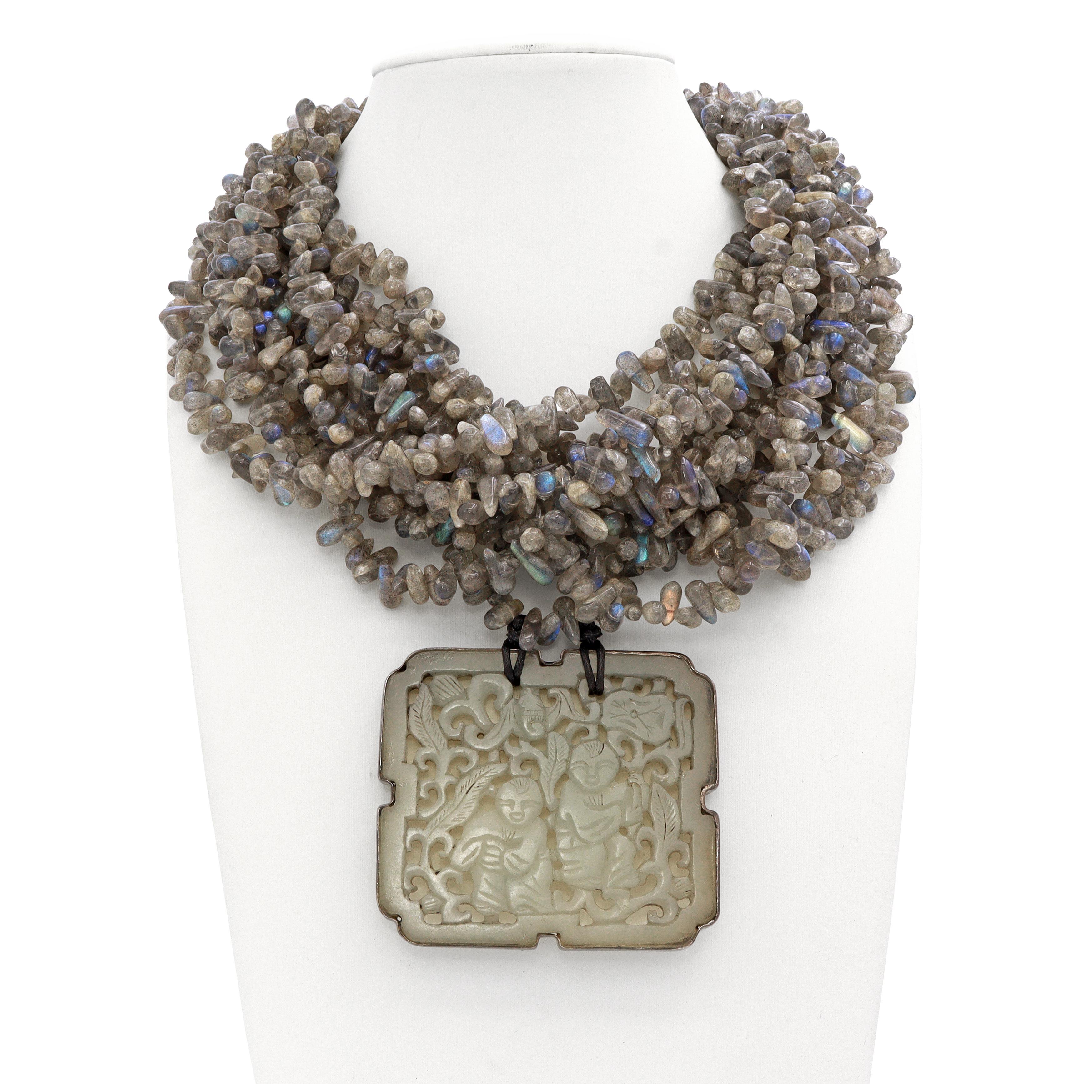 Perlina Takashi Maya NY Sterling Silver Labradorite Carved Jade Multi-Strand Necklace in vendita