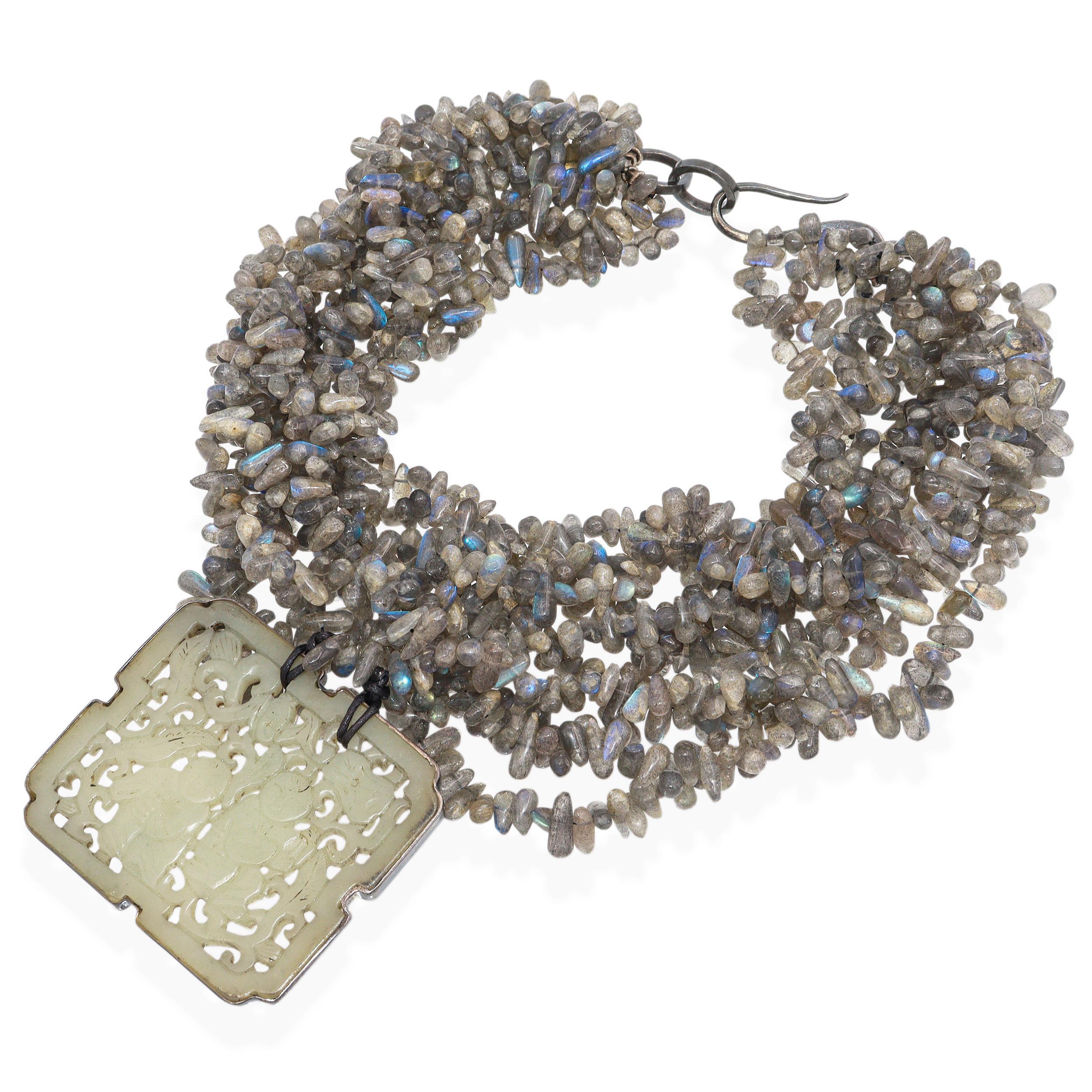da uomo o donna Takashi Maya NY Sterling Silver Labradorite Carved Jade Multi-Strand Necklace in vendita