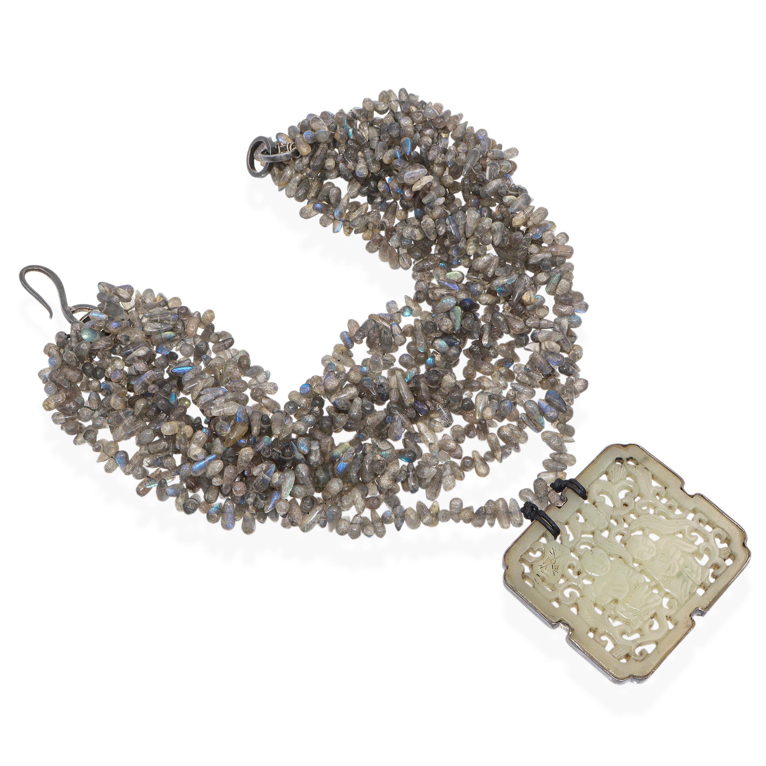 Takashi Maya NY Sterling Silver Labradorite Carved Jade Multi-Strand Necklace in vendita 1