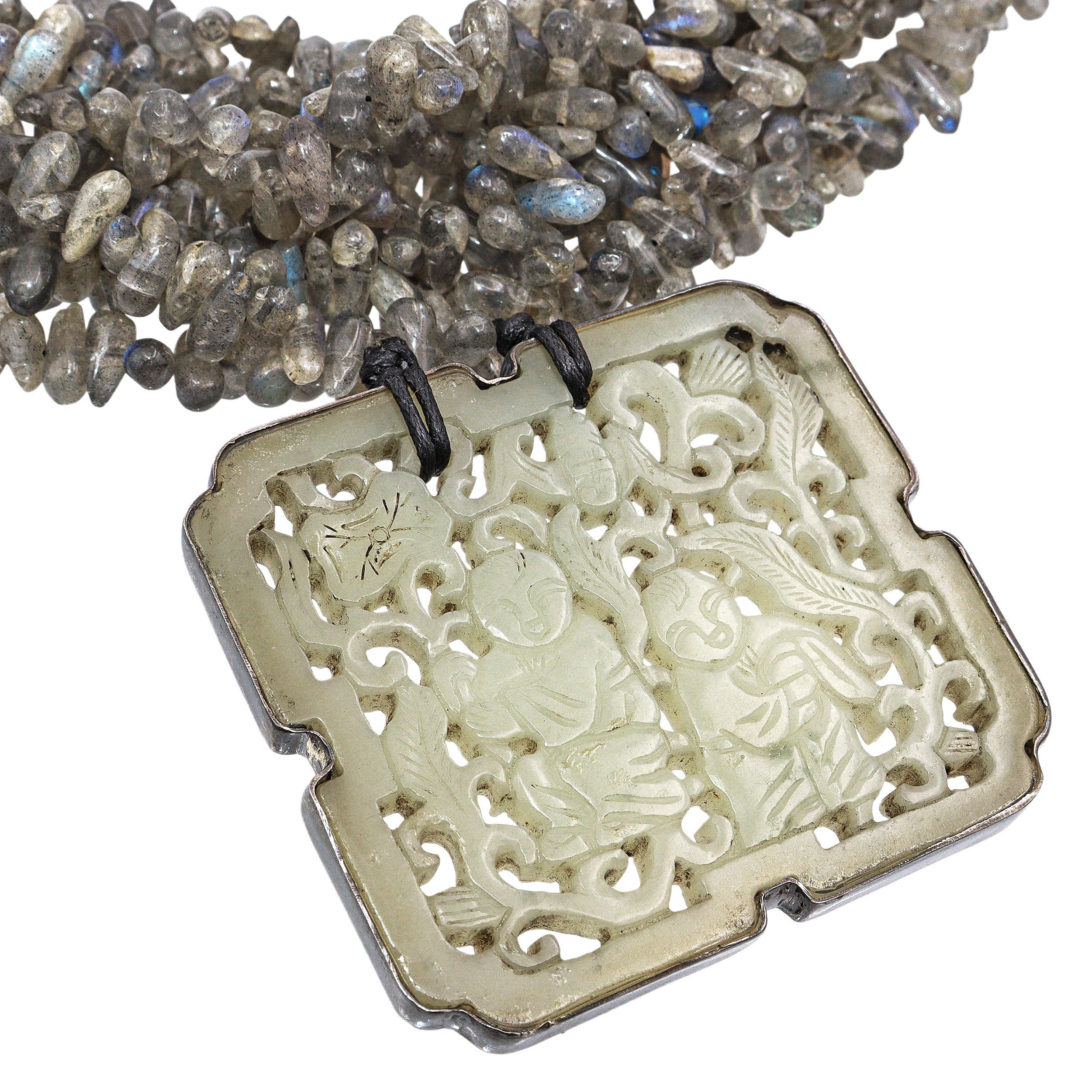 Takashi Maya NY Sterling Silver Labradorite Carved Jade Multi-Strand Necklace in vendita 2
