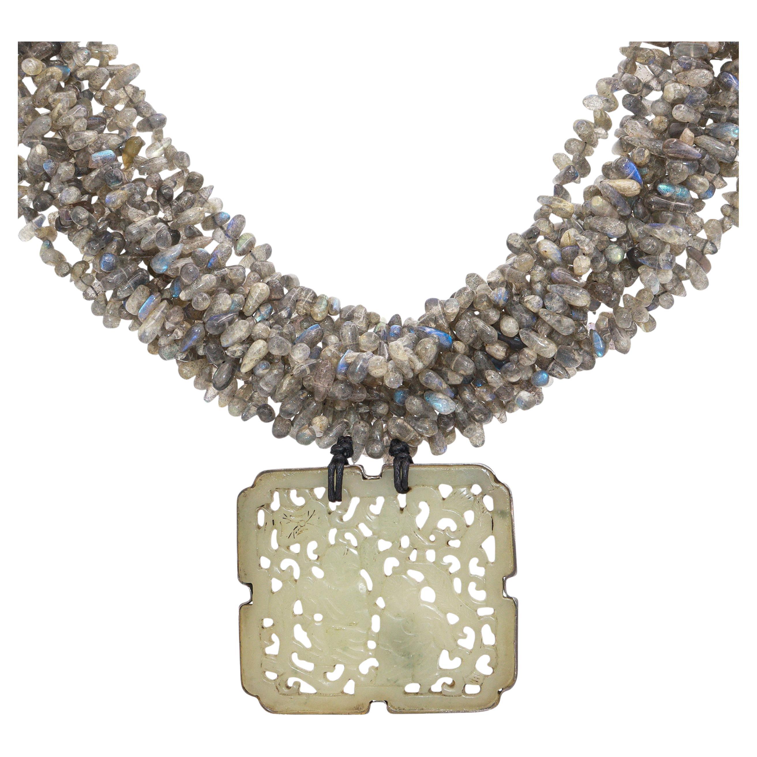 Takashi Maya NY Sterling Silver Labradorite Carved Jade Multi-Strand Necklace