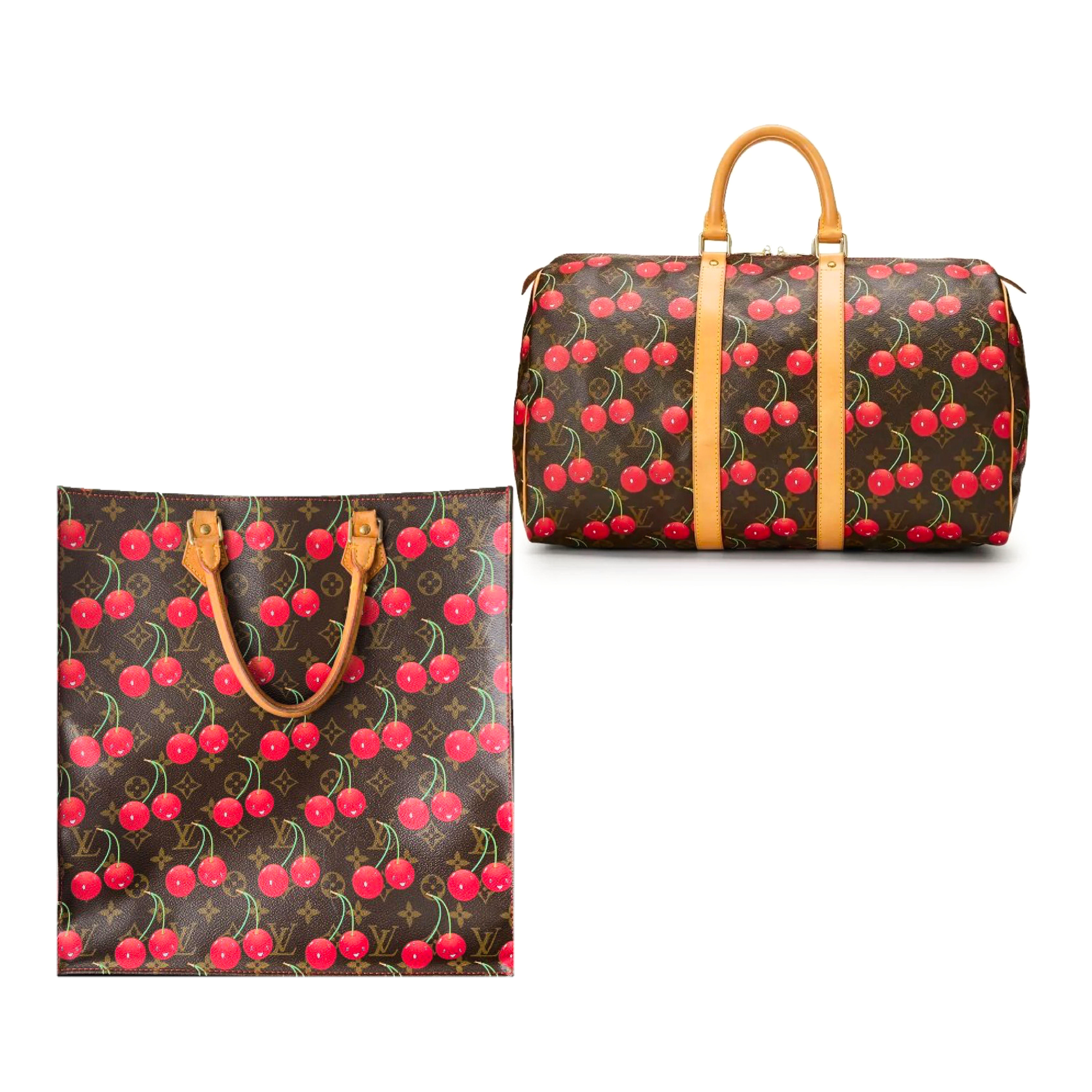 Takashi Murakami Louis Vuitton cherry monogram Sac Plat Tote & Keepall bags 2005. Extremely rare and highly collectible. Early aughts collaboration between Takashi Murakami and the house of Louis Vuitton with Marc Jacobs at its helm.