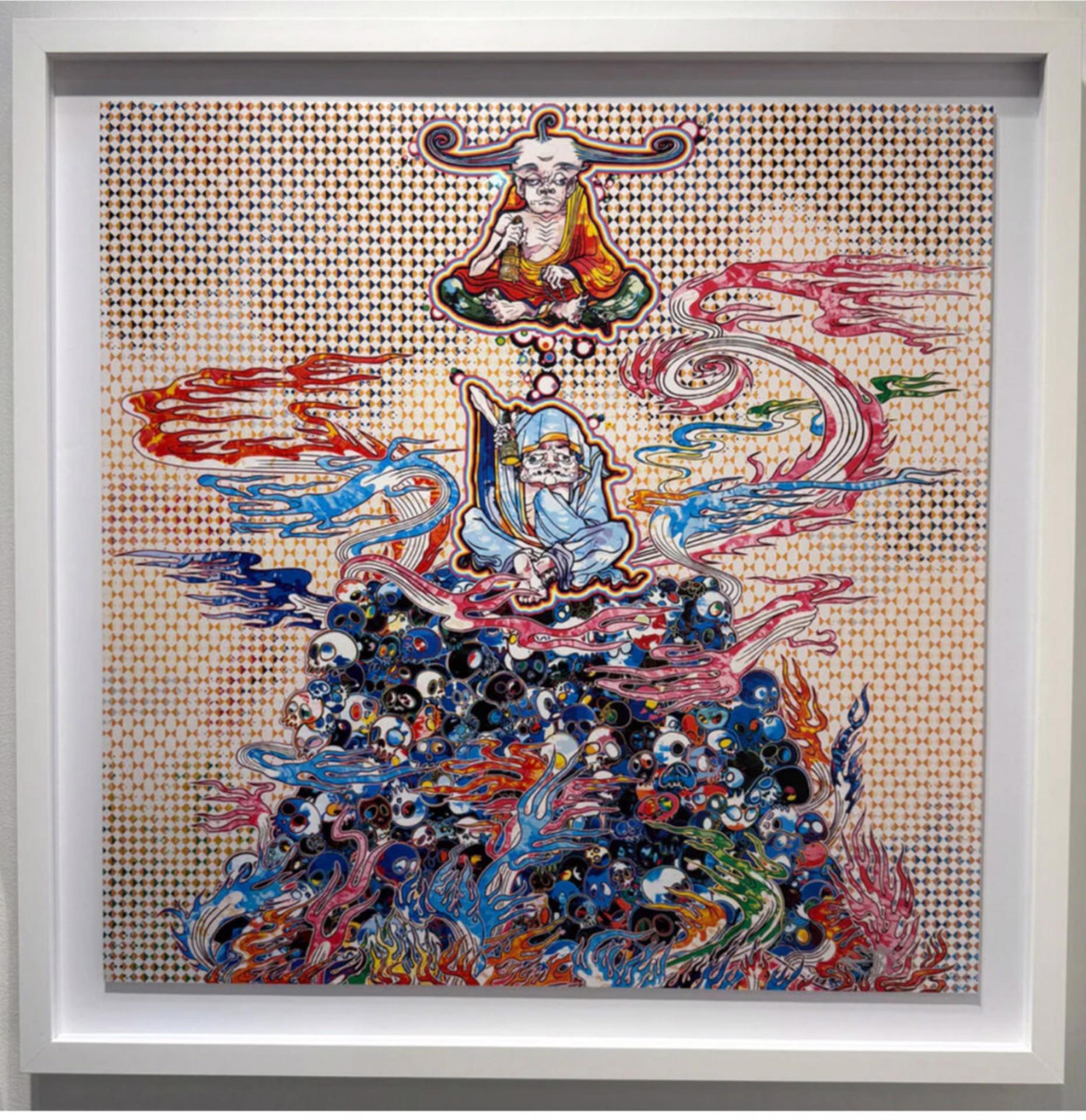 2 Arhats meditando entre el fuego infernal del Túmulo de los Muertos, 2015 - Mixed Media Art de Takashi Murakami