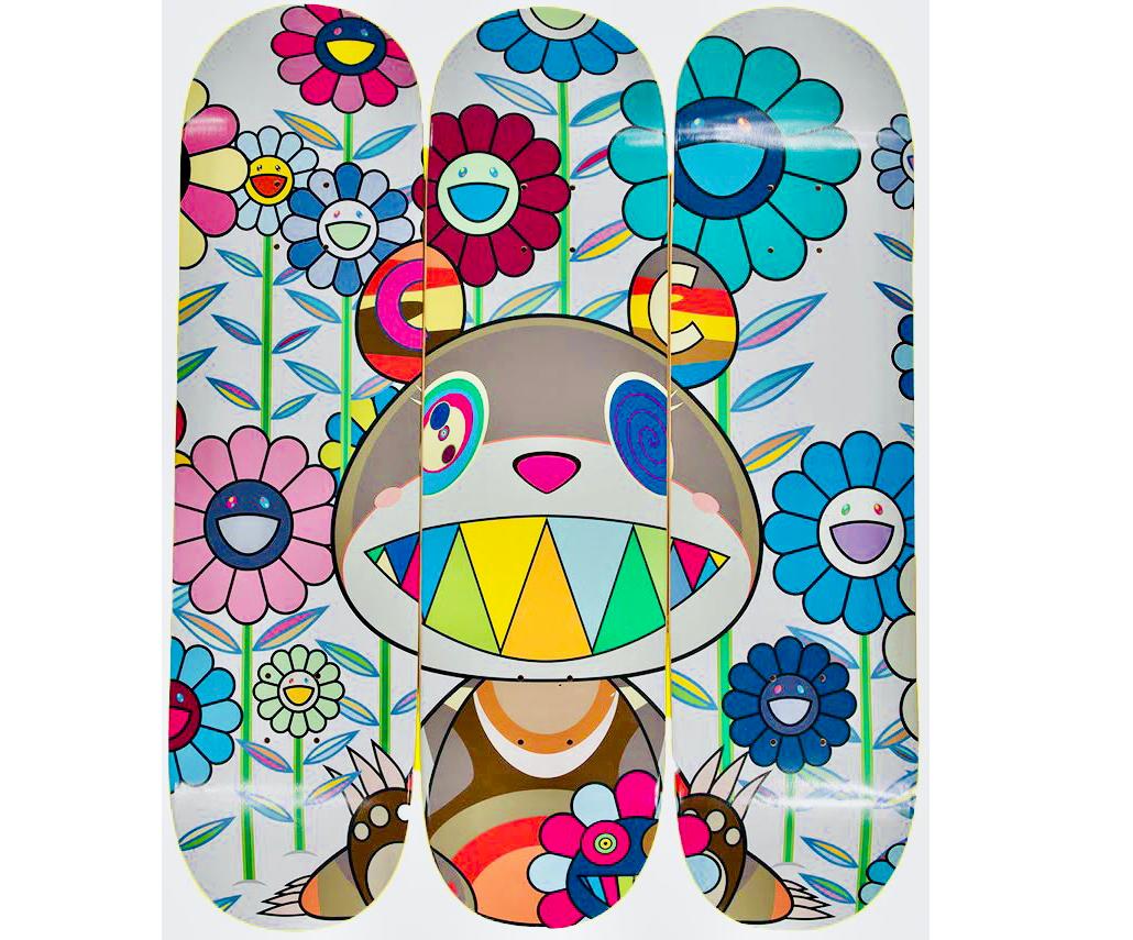 Set of 3 Takashi Murakami Flowers Skateboard Decks 2019:

Unique, vibrant Takashi Murakami wall art that hangs with ease. 

Medium: Silkscreen on Maple Wood Skateboard Decks. 

Dimensions: 8.0 x 31 inches (20.5 x 79 cm; applies to each individual