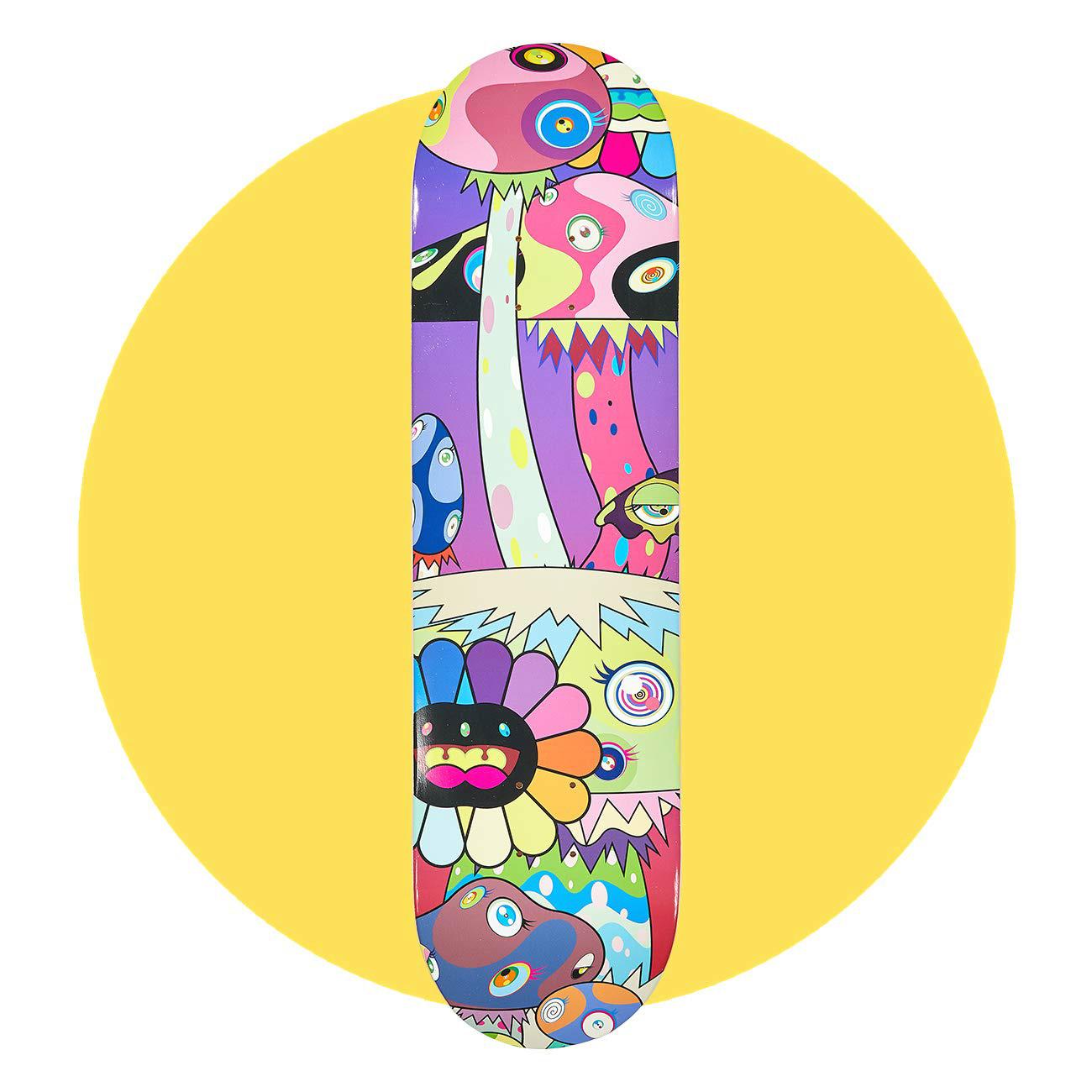 Takashi Murakami Skateboard Deck:
A vibrant piece of Takashi Murakami wall art produced as a completely sold out, limited series in 2019 in conjunction with Complexcon and Kaikai Kiki co. This deck is new in its original packaging. A brilliant piece