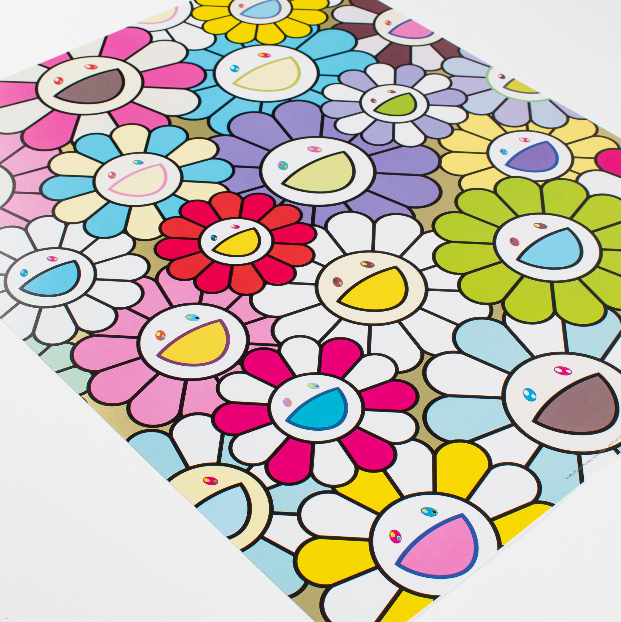 Une petite peinture de fleurs : fleurs jaunes, blanches et violettes - Print de Takashi Murakami