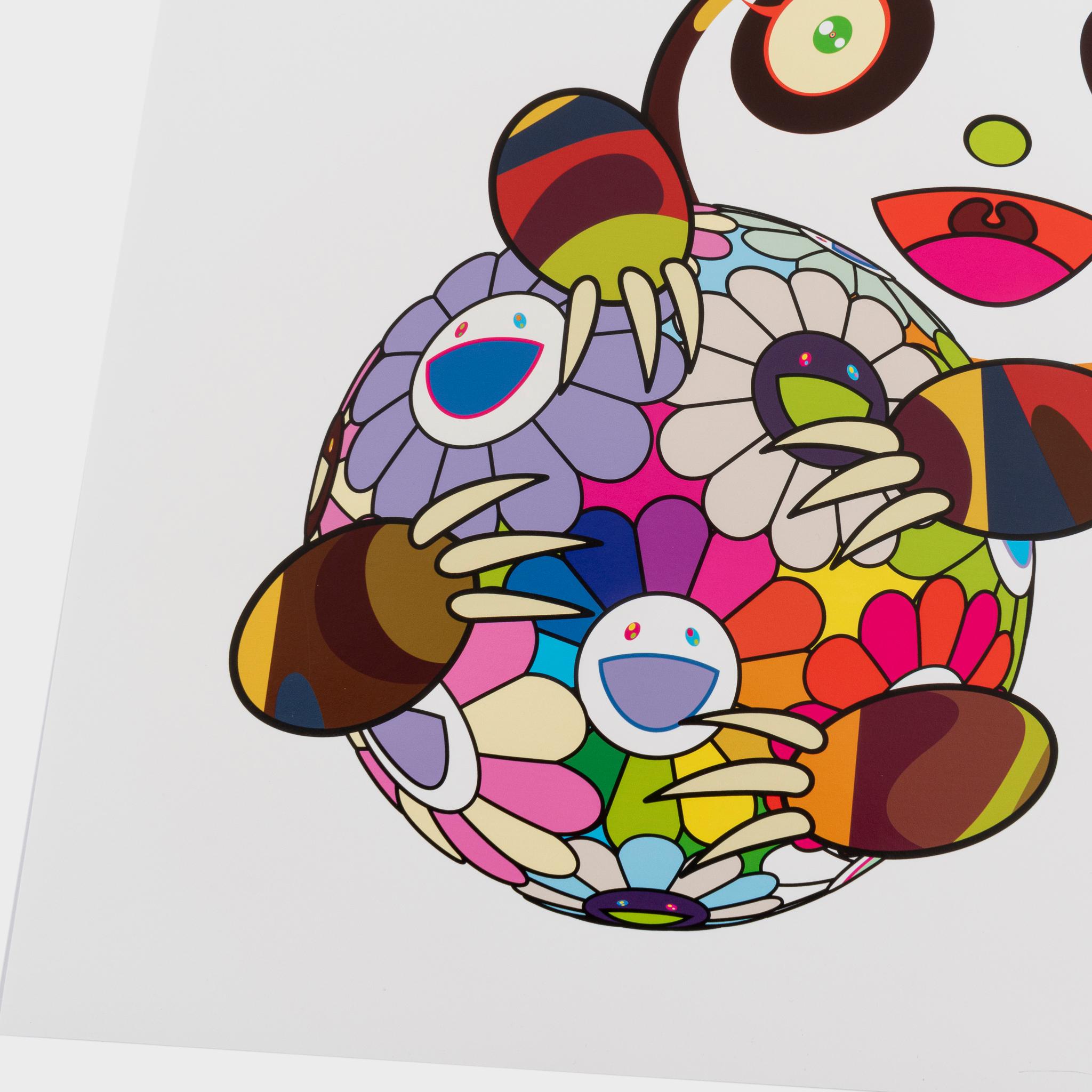 Ein Pandajunges, das einen Blumenball umarmt – Print von Takashi Murakami